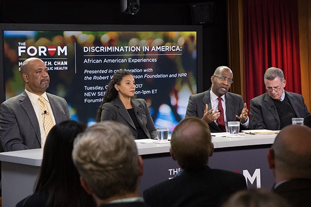 Panelists in last week's Chan School Forum "Discrimination in America: African American Experiences," were Dwayne Proctor (from left), Elizabeth Hinton, David Williams, and Robert Blendon.