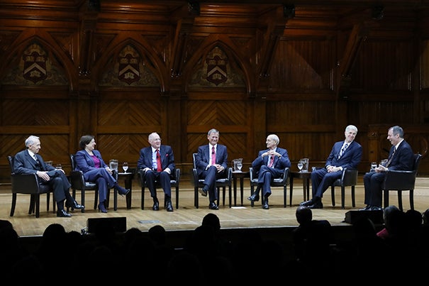 Six Supreme Court justices visited Harvard Law School to celebrate the school's 200th anniversary. From left: Associate Justice (retired) David H. Souter ’66; Associate Justice Elena Kagan ’86; Associate Justice Anthony M. Kennedy ’61; Chief Justice John G. Roberts Jr. ’79; Associate Justice Stephen G. Breyer ’64; Associate Justice Neil Gorsuch ’91; and Harvard Law School Dean John F. Manning `85.