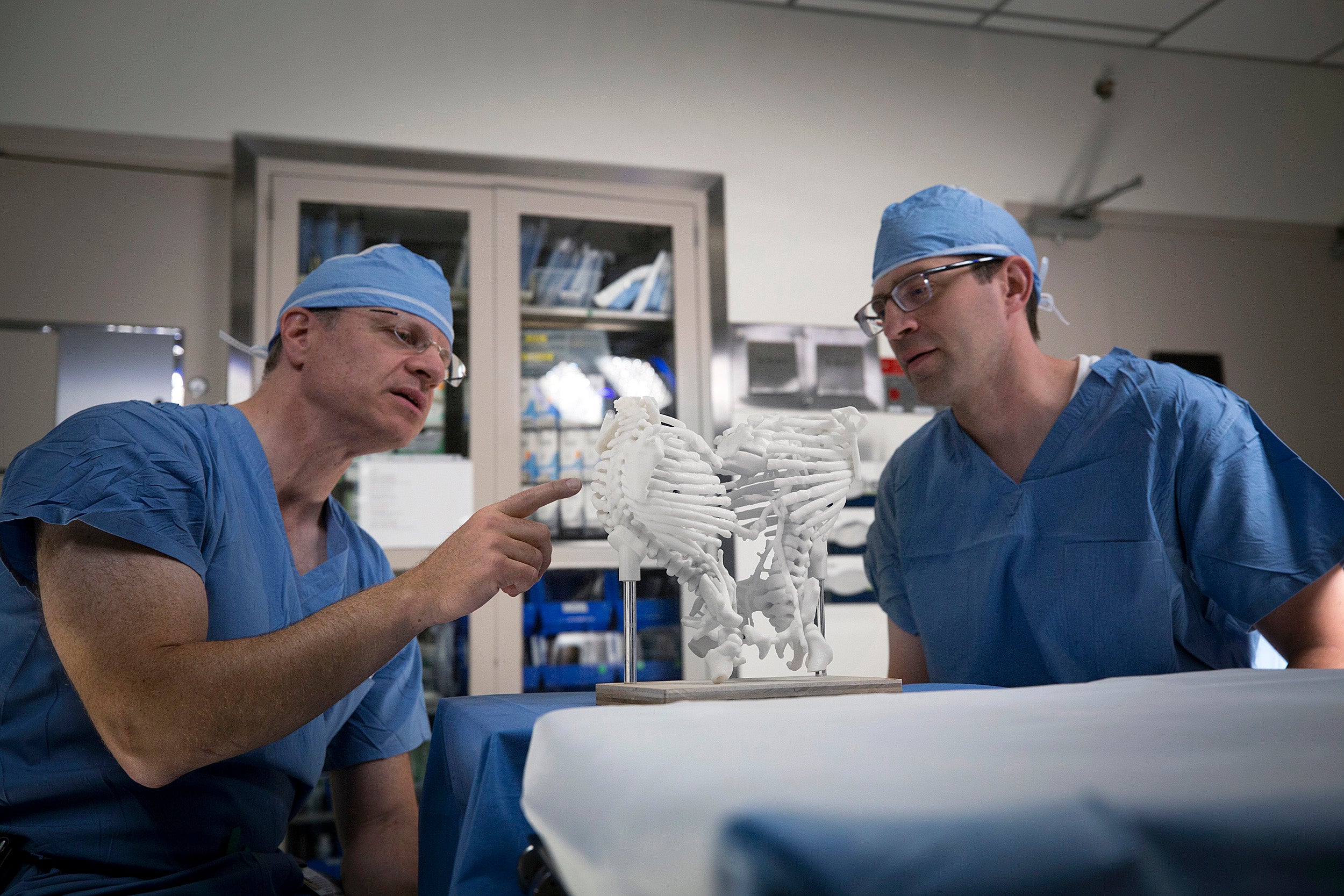 Allan Goldstein and Brian Cummings look at a model of the twins’ linked bone structure.