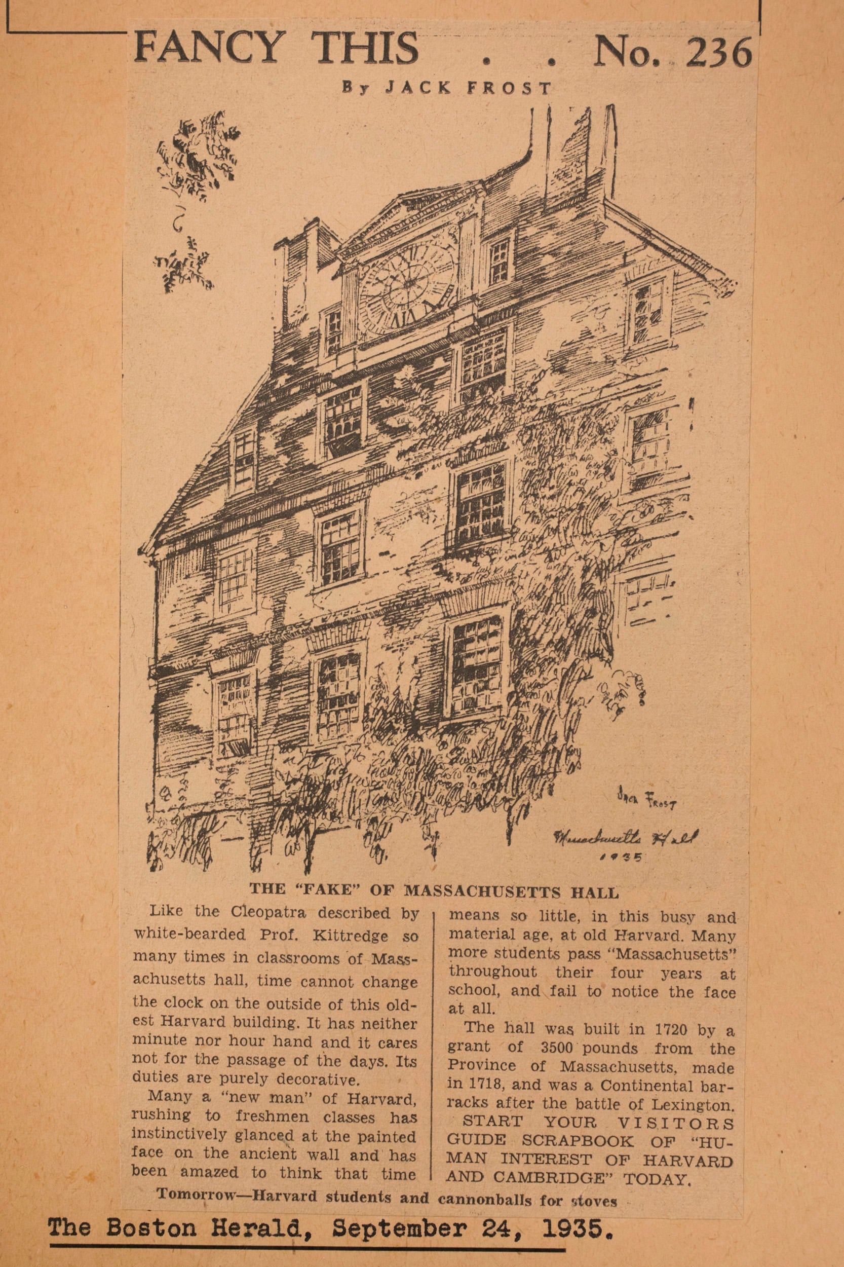 Clipping of a Boston Herald article about the clock on Massachusetts Hall.