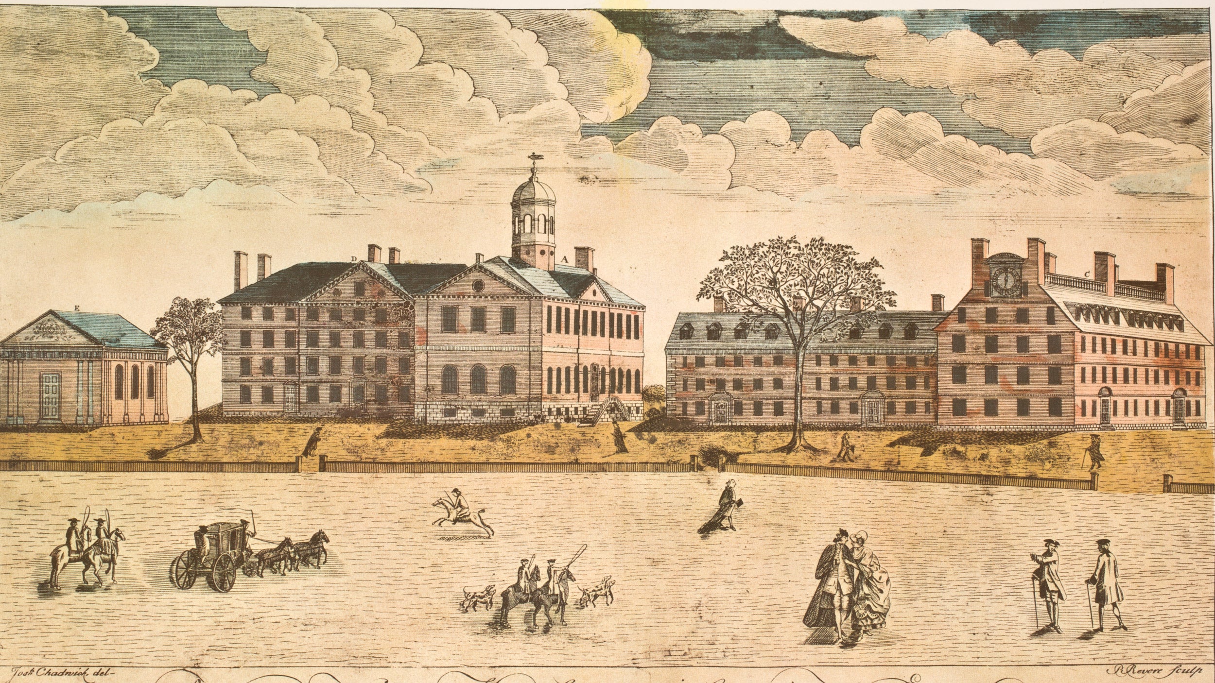 Westerly view of the Colledges in Cambridge, New England, Paul Revere, 1767.