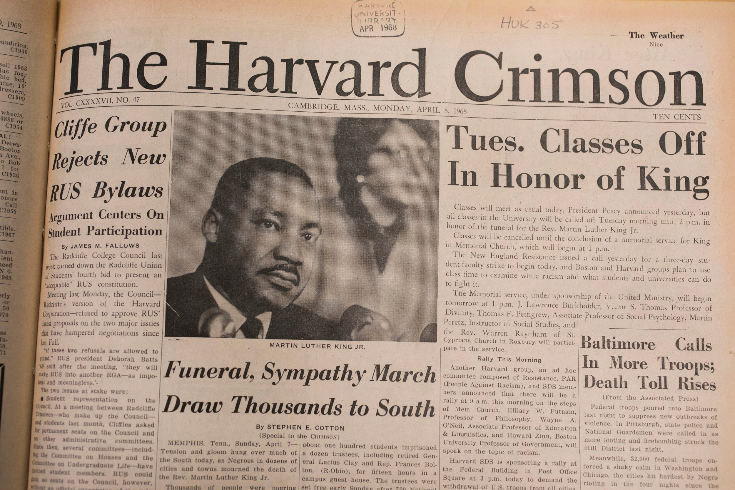 The Harvard Crimson’s April 8, 1968, front page.