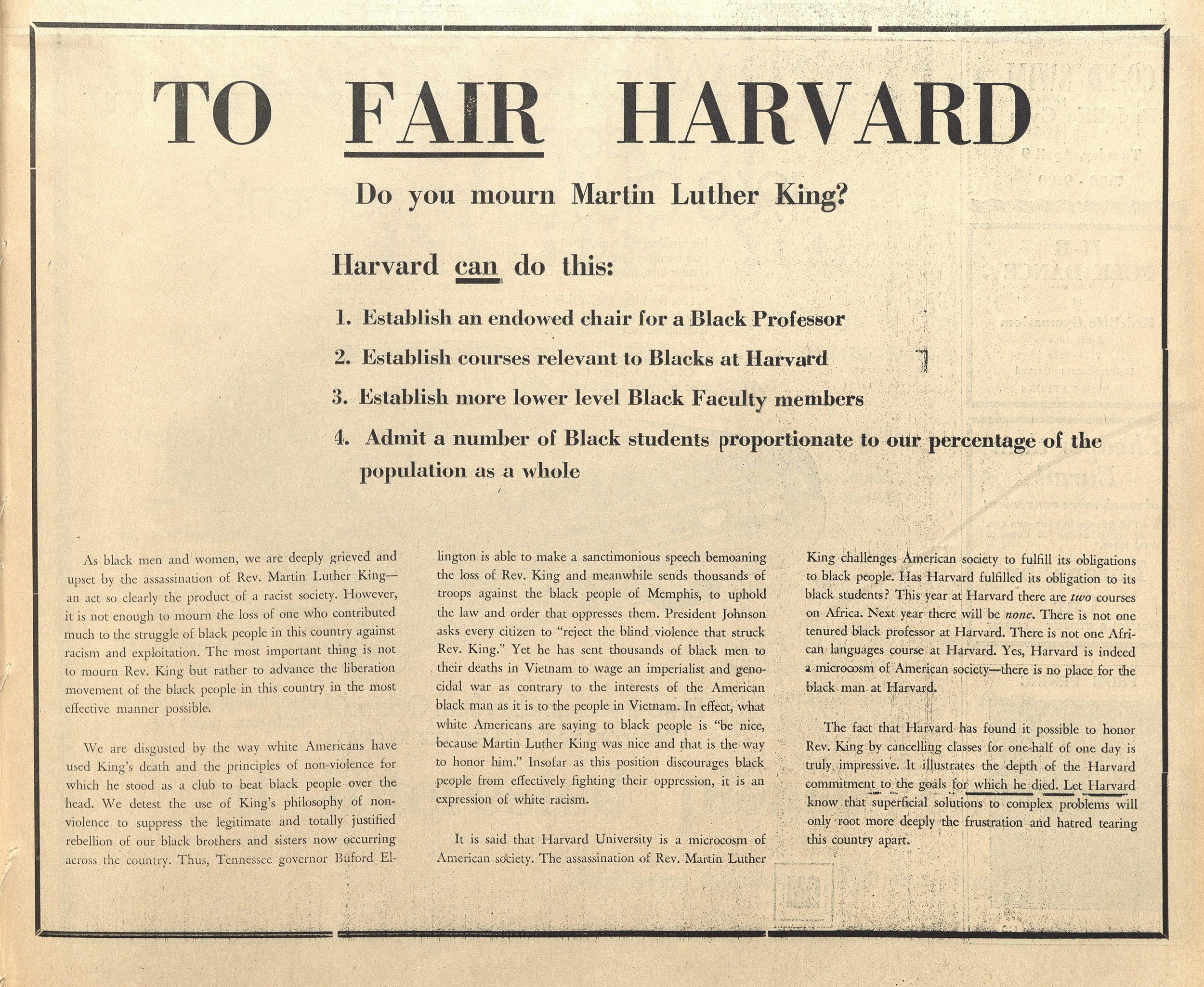 Ad with demands from African-American students in April 10, 1968, Harvard Crimson.