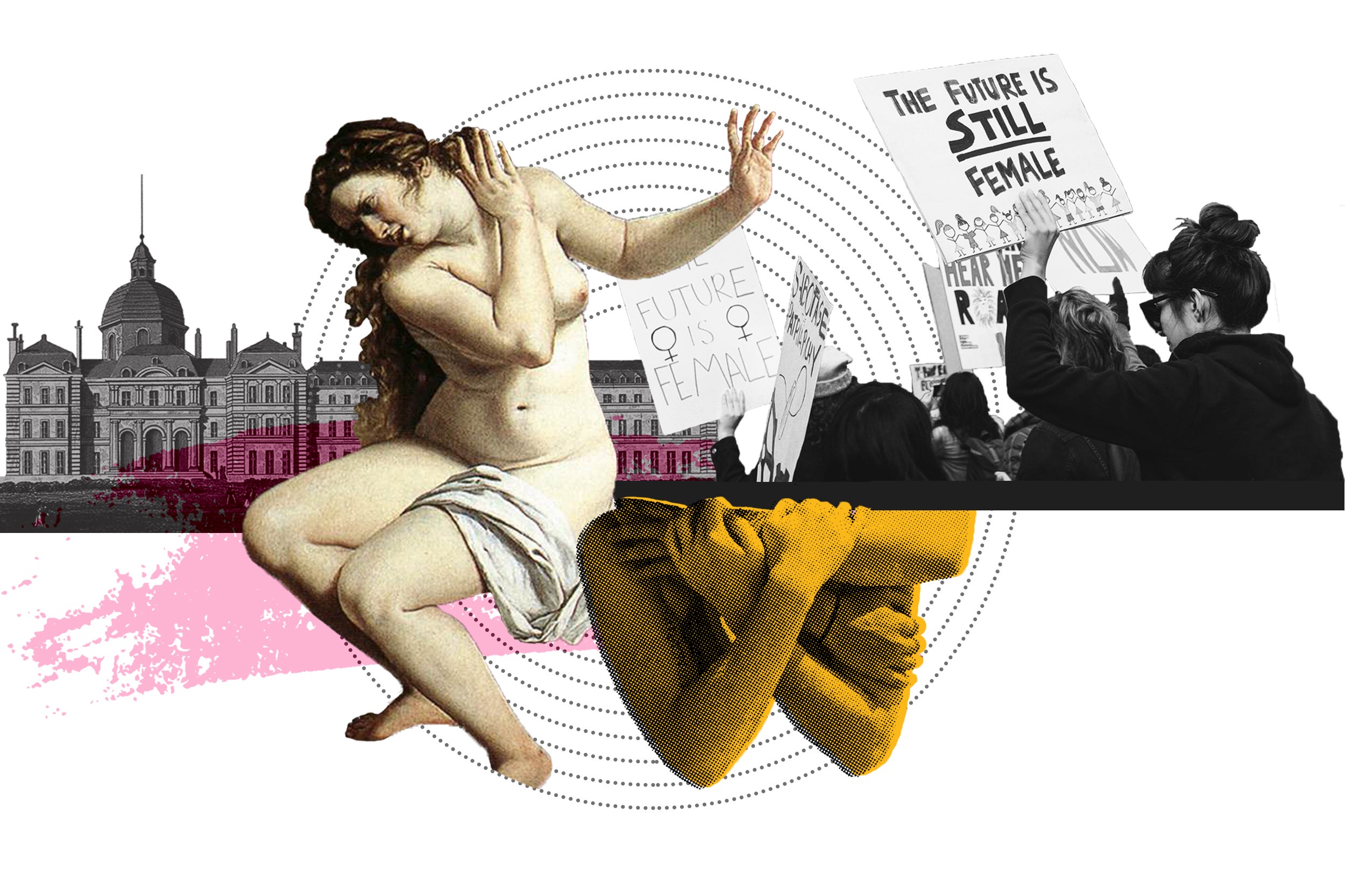 Collage of Women's March protesters, "Susanna and the Elders" painting, Salpêtrière Hospital in Paris.