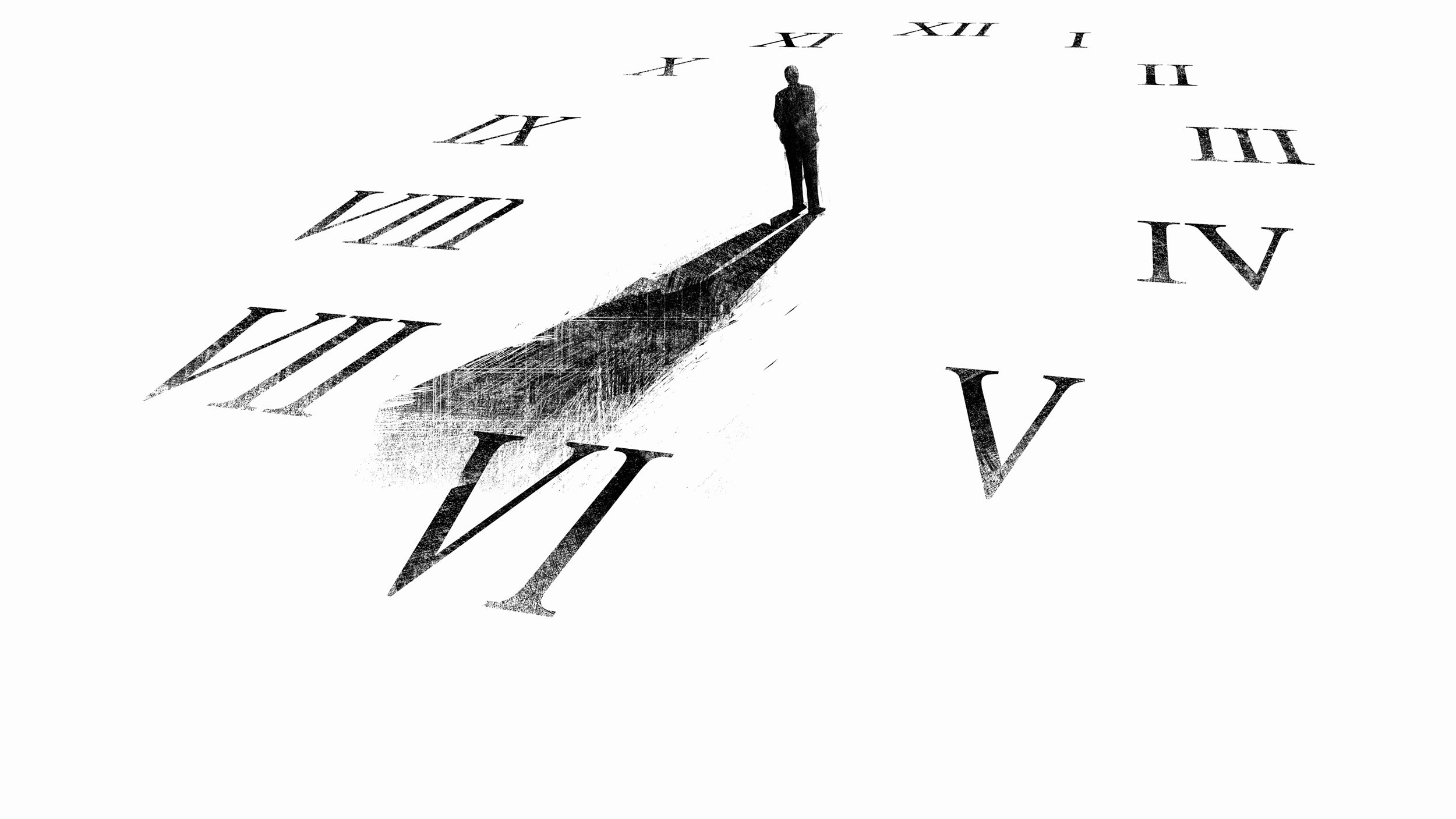 Illustration of man's shadow forming hands on a clock.
