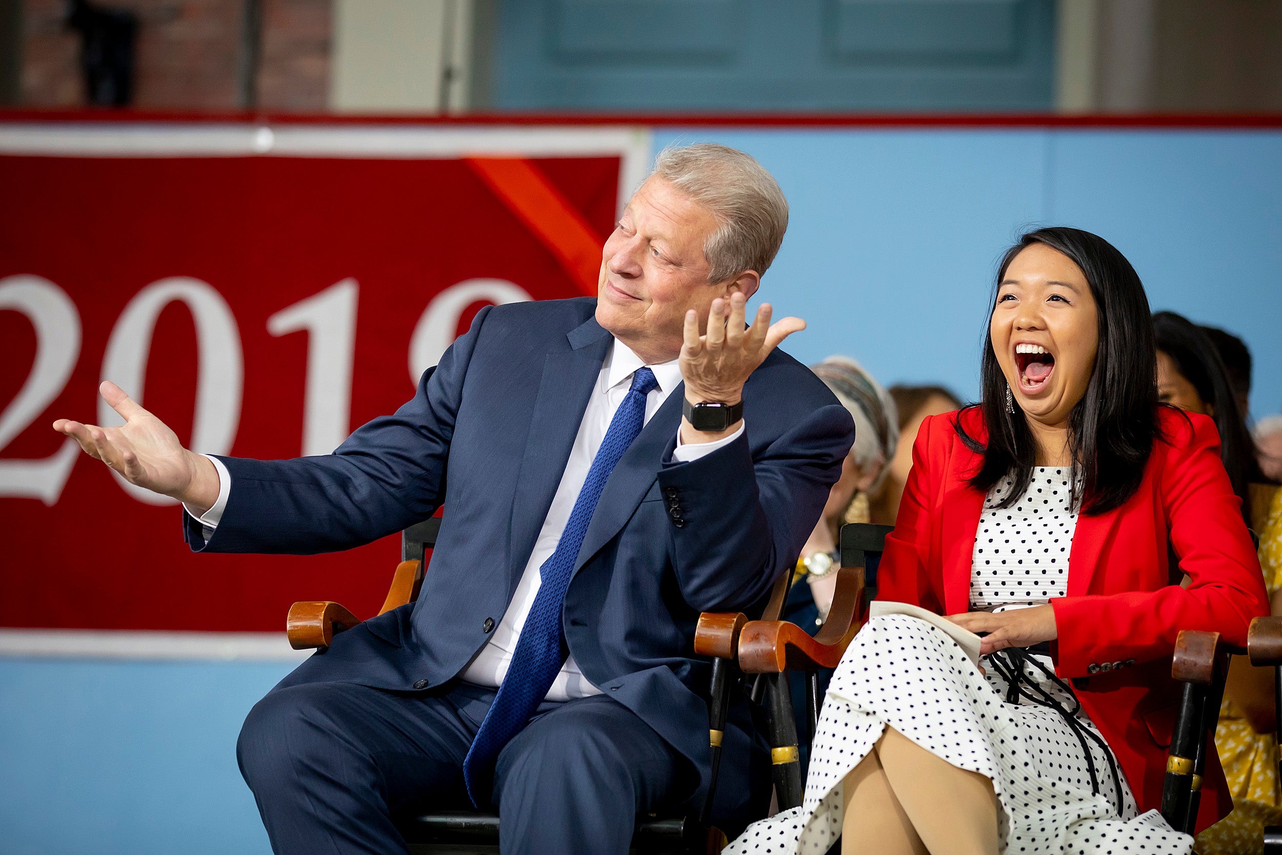 Al Gore makes First Marshal Catherine Zheng laugh during Class Day