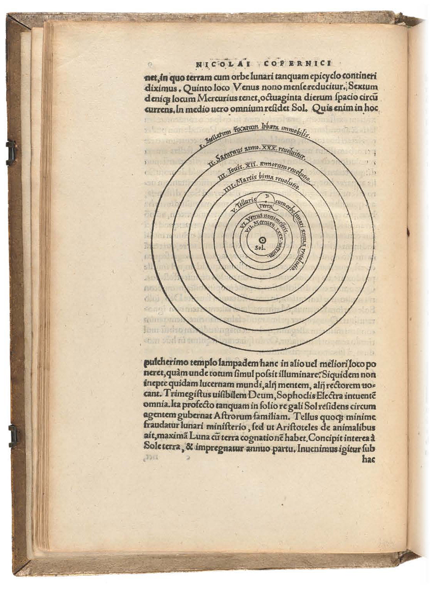 Diagram from Nicolaus Copernicus places the sun at the center of the solar system.