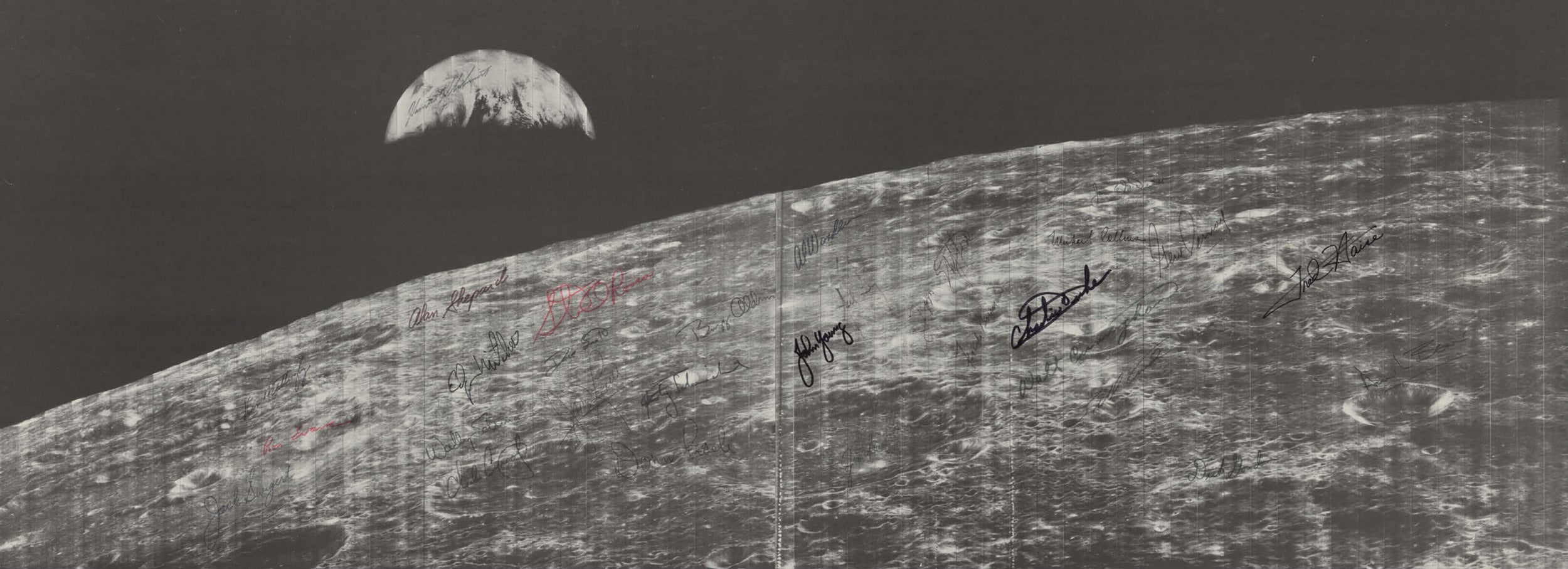 The first image of Earth from deep space, taken by Lunar Orbiter 1 on Aug. 23, 1966, signed by astronauts.