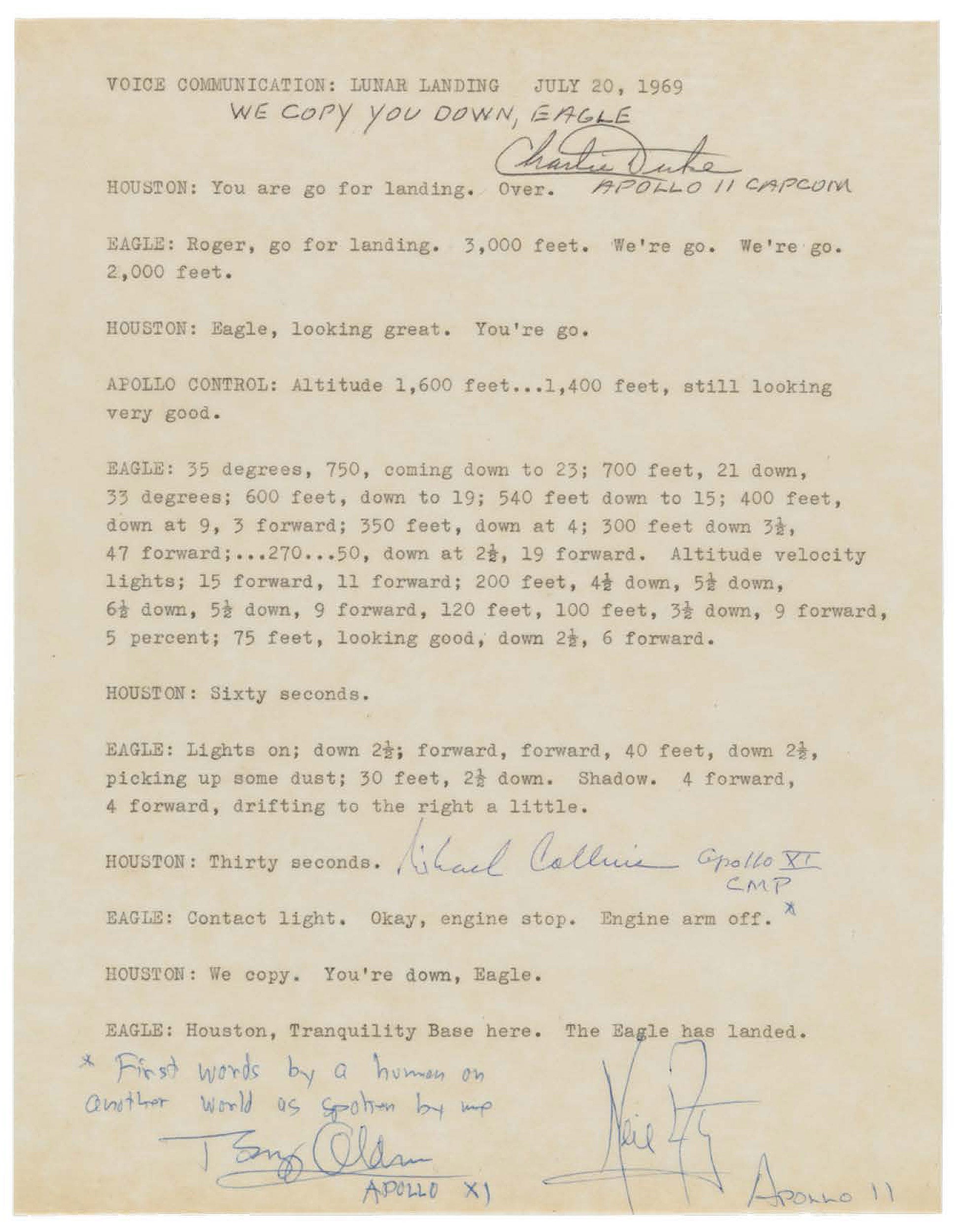 Transcript of Apollo 11 communications, including "The Eagle has landed."