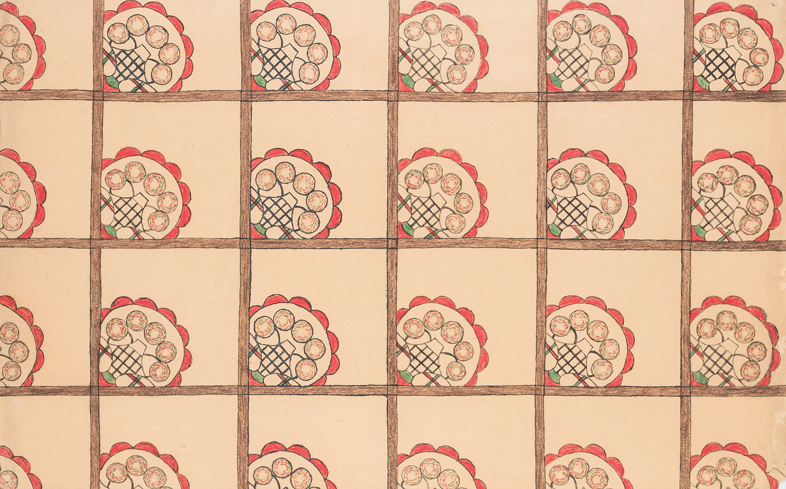 Middle panel of "Helen Wills" is a geometric pattern evoking nets.