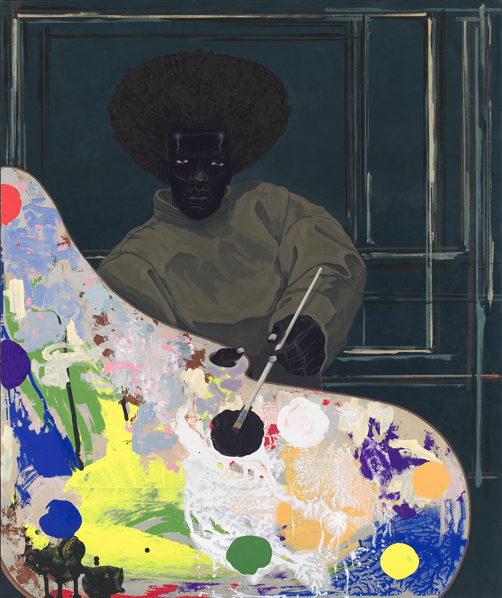 Untitled work by Kerry James Marshall from 2008 depict an artist, palette in hand, gazing out at the viewer.