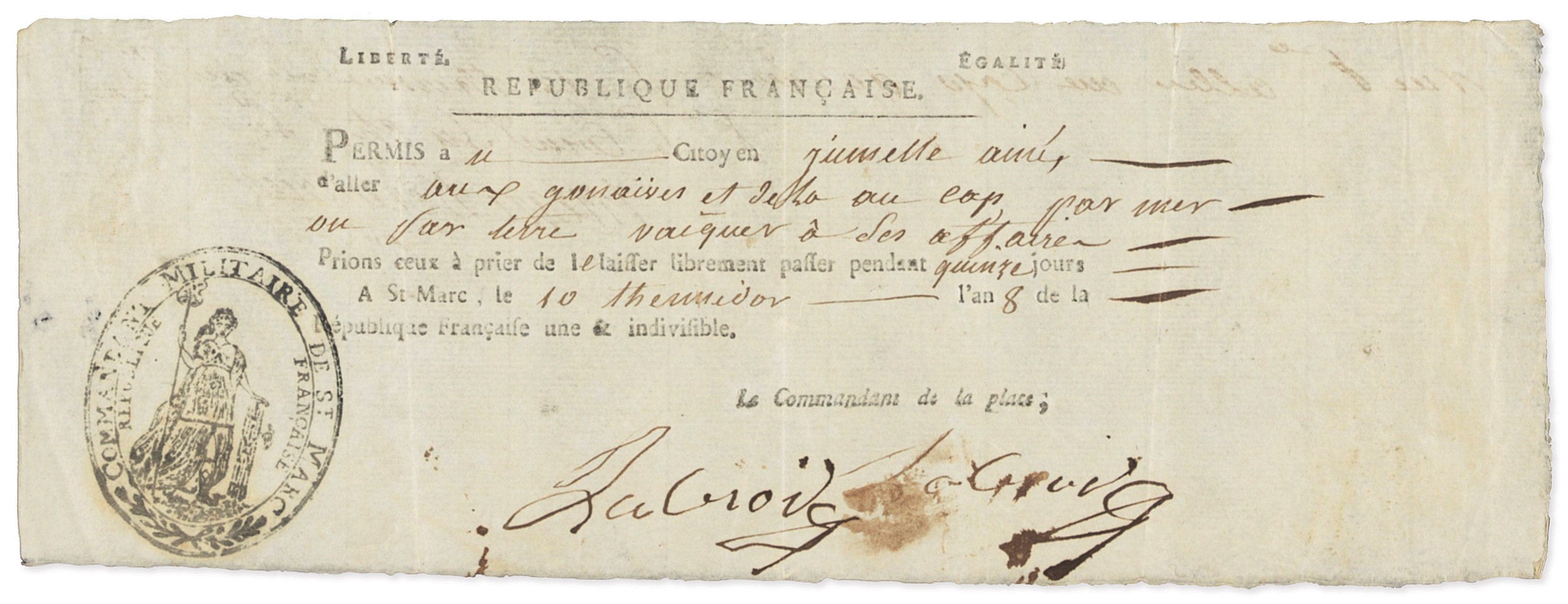 An 1800 permit to travel around the French colony of Saint-Domingue (now Haiti).