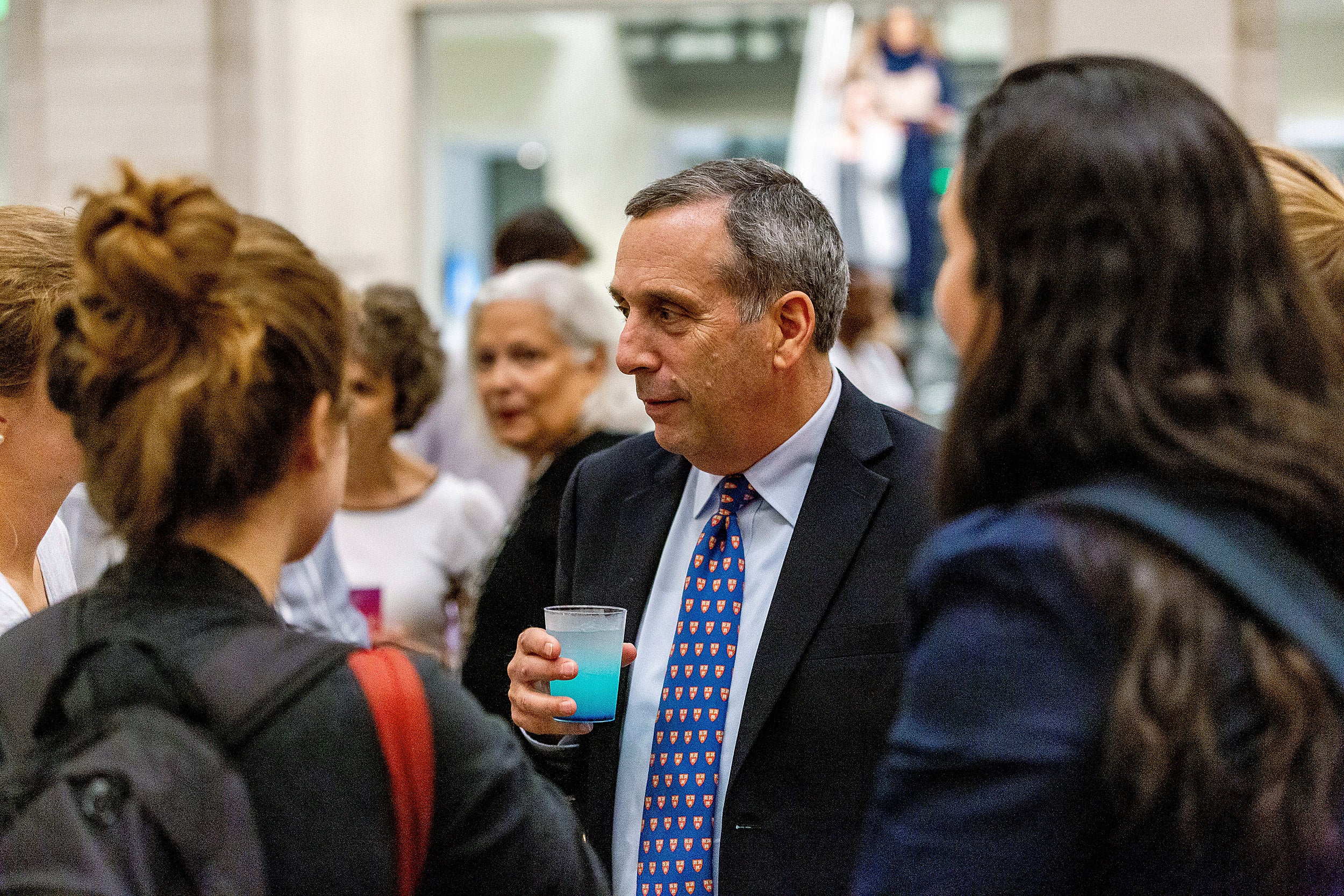 President Larry Bacow talking to students