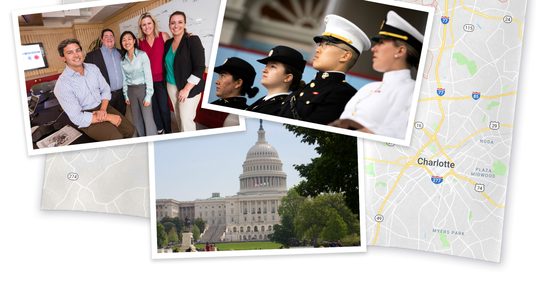 A collage of pictures, with the staff of With Honor, a capital building, and a map of Carlotte