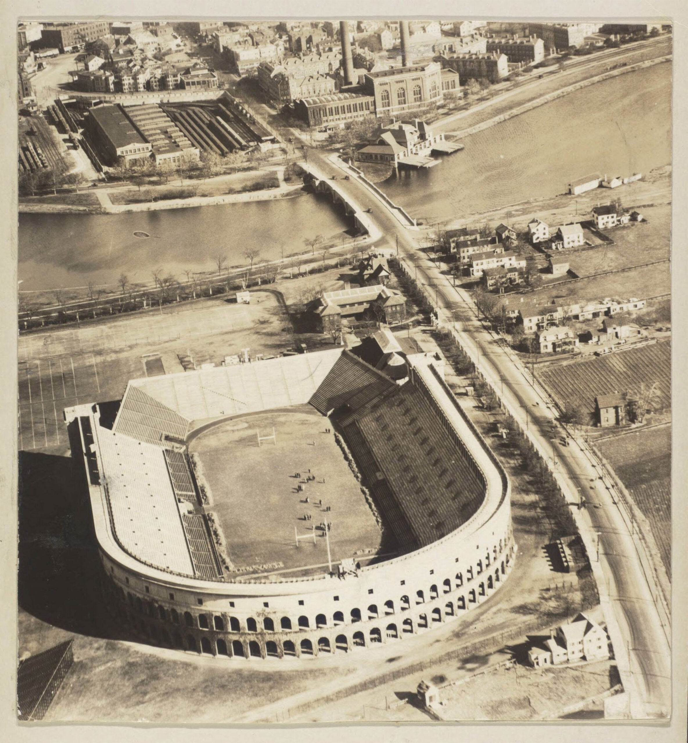 erial view of Harvard Stadium circa 1915.