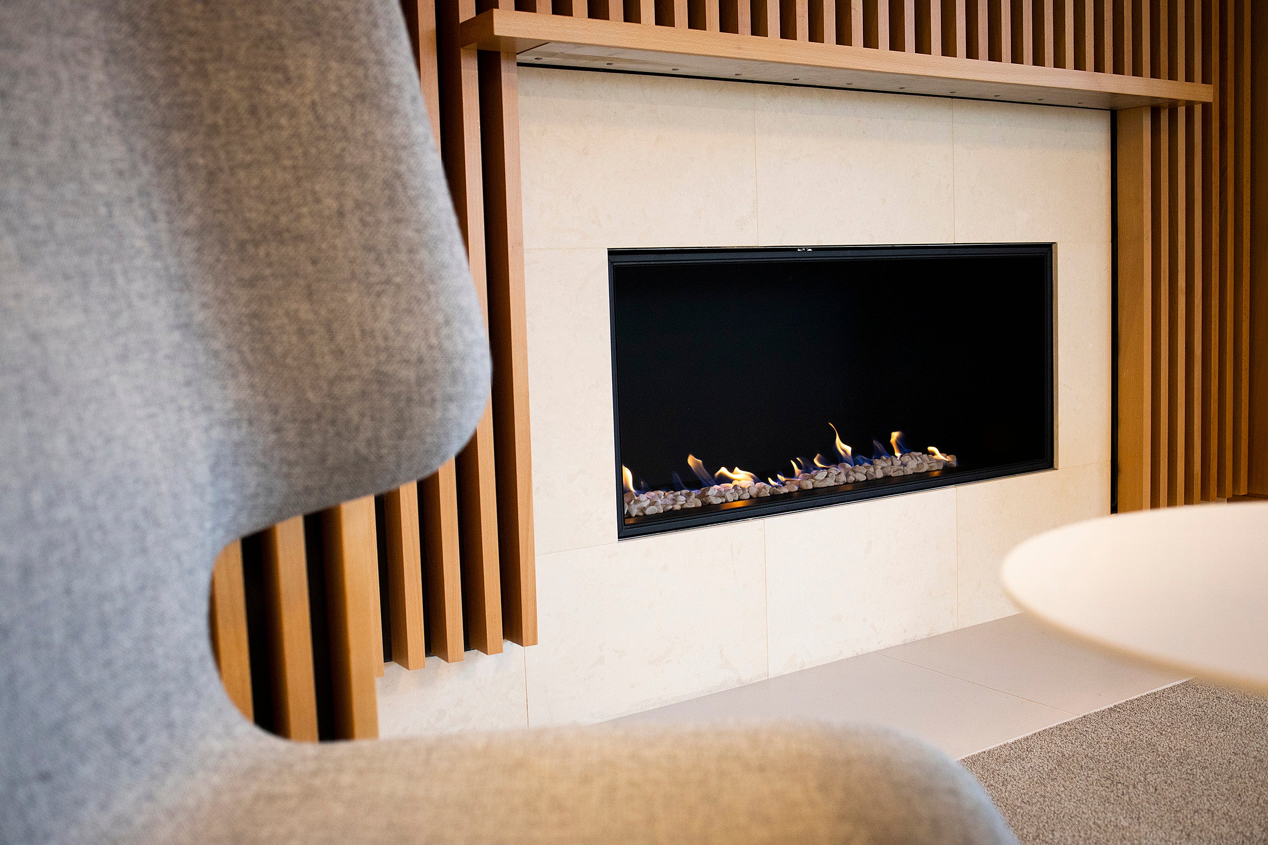 A modern gas fireplace at the Smith Campus Center.