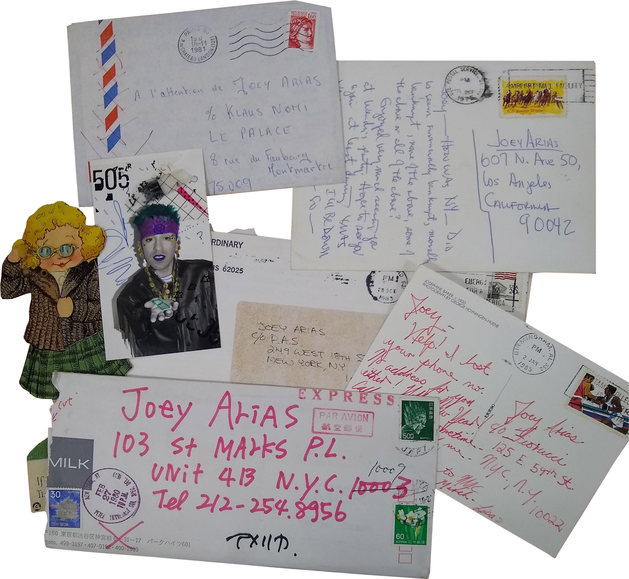 Joey Arias postcards, envelopes, letters.