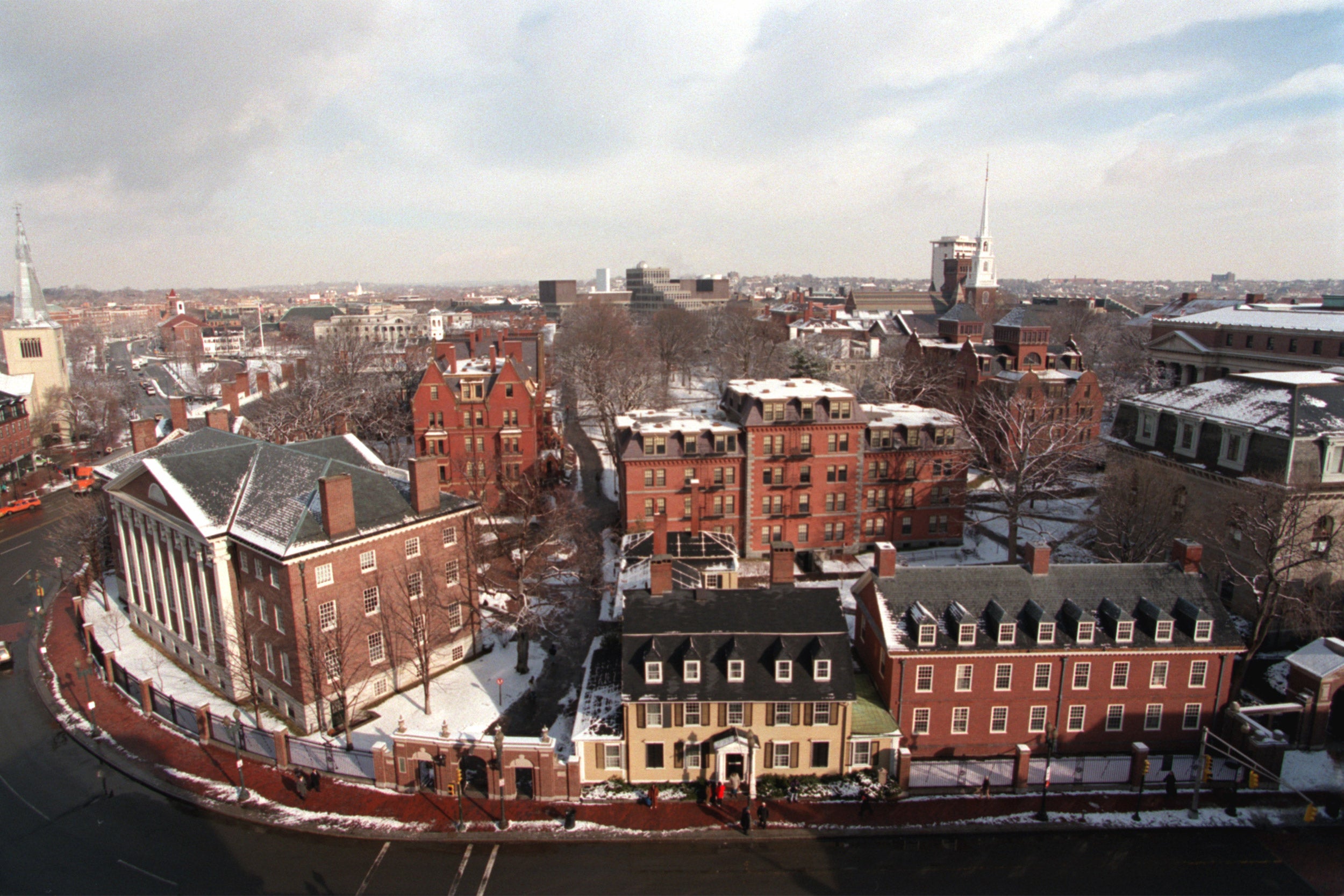 Overview of Harvard Yard with snow