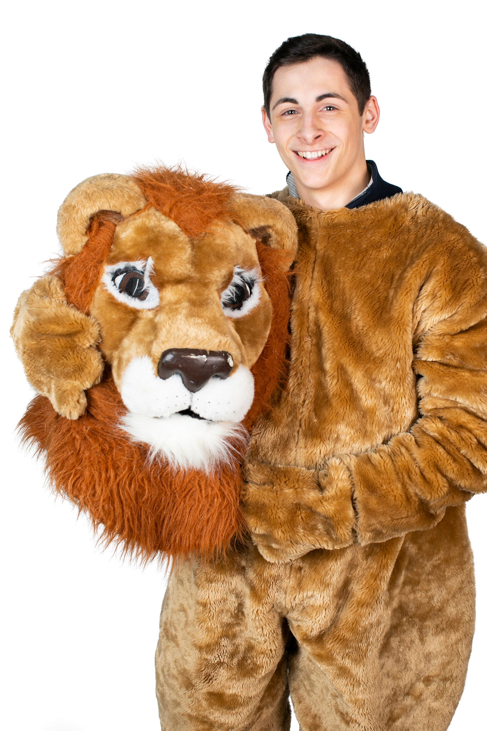 Kyle Mueller is dressed as the Lion Mascot for Winthrop House.