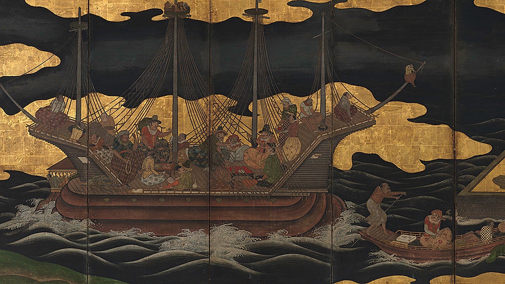 Detail from Japanese screen depicting Portuguese ships.
