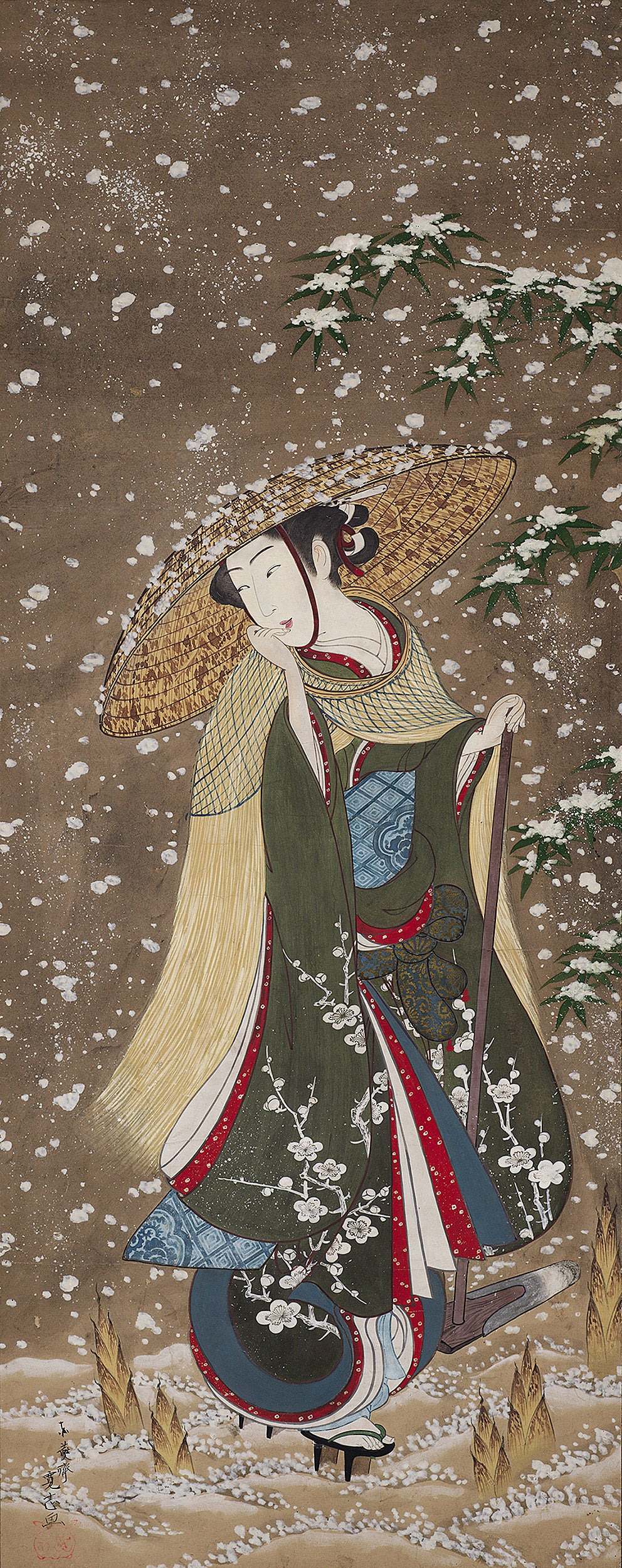 Scroll depicts woman in hat walking through snow with bamboo shoots pushing up through the ground.