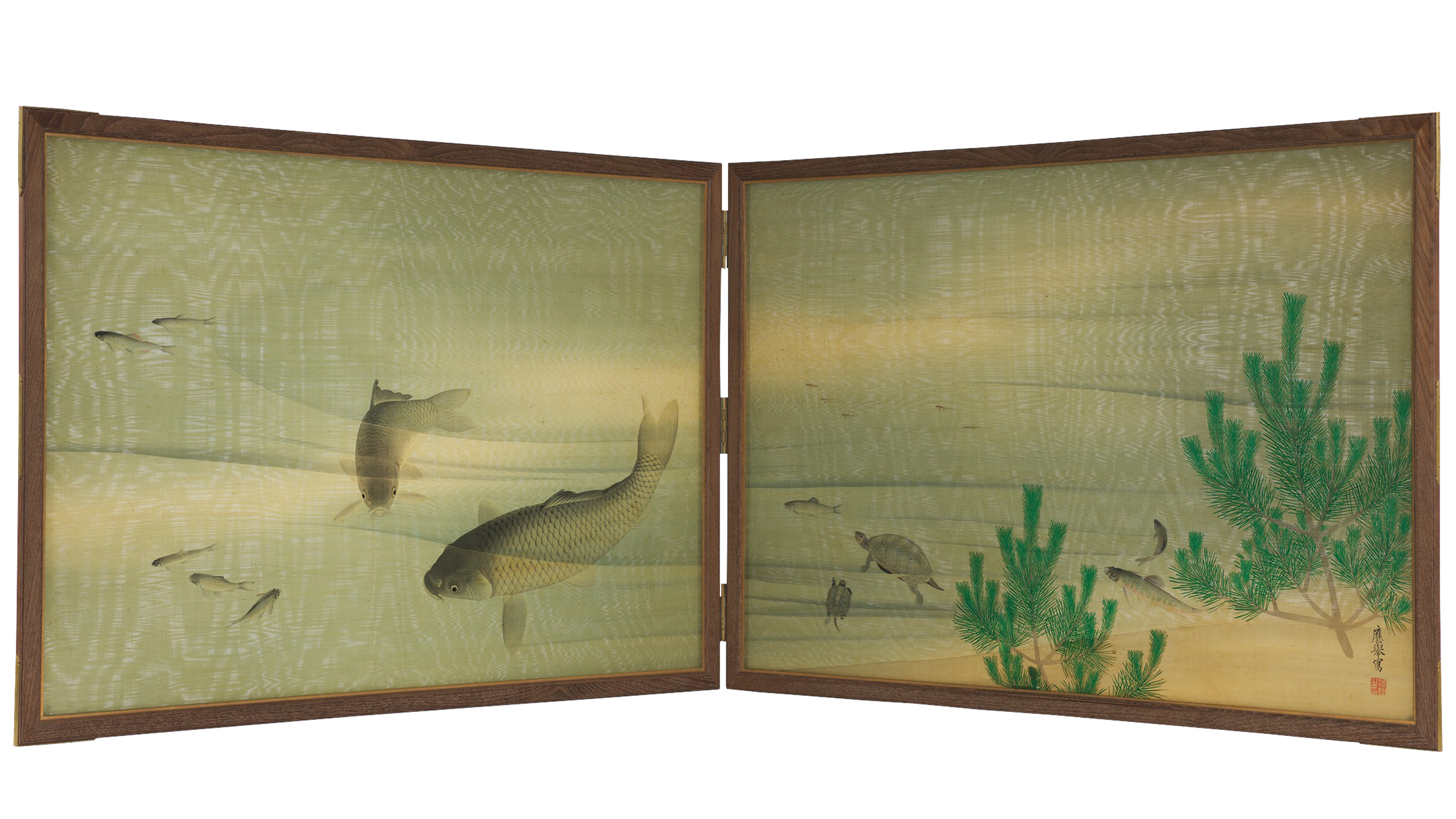 Two-paneled light blue and green silk screen depicts swimming carp and turtles.