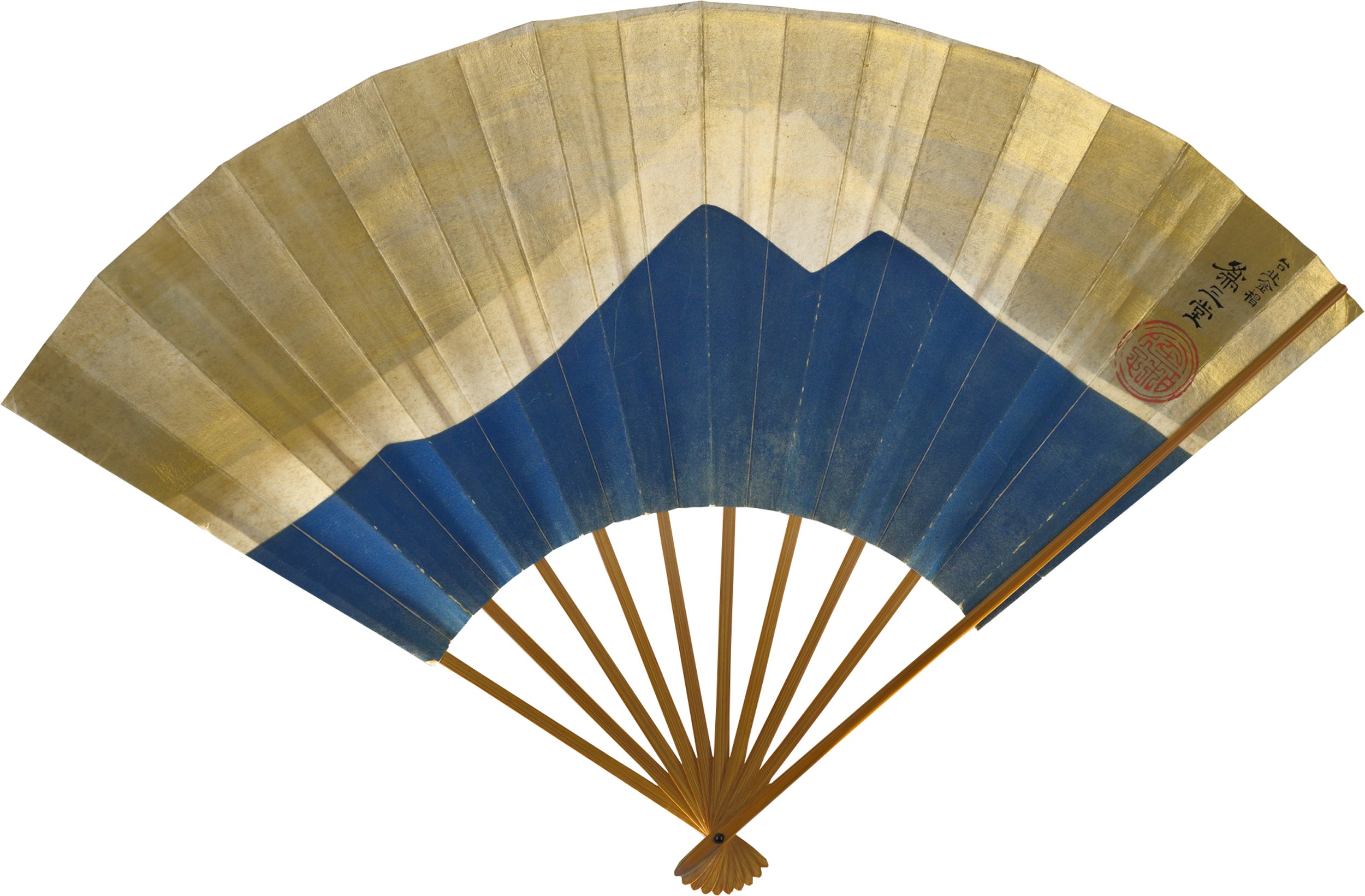 folding fan painted with blue silhouette of mountain.