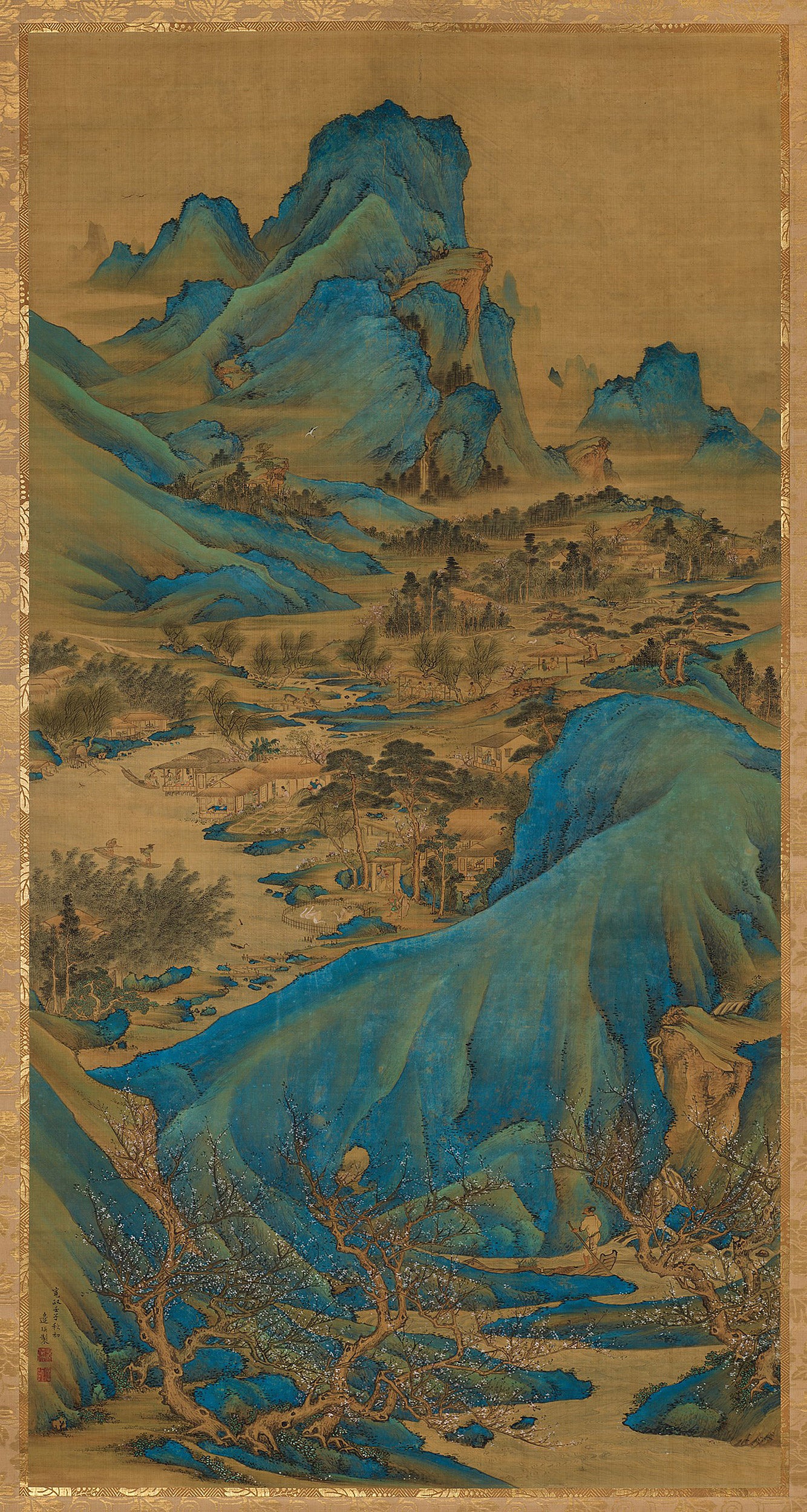 Scroll depicts river winding through a valley with dramatic blue hills.