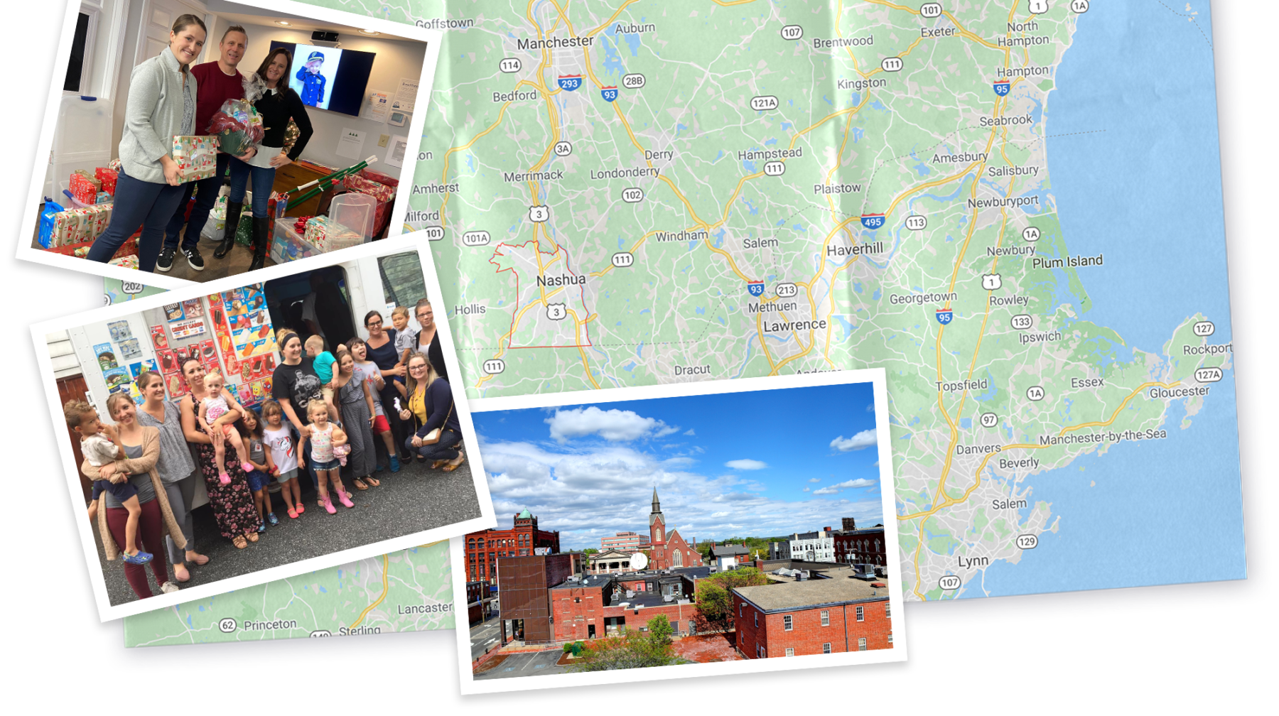 Collage of map and image of New Hampshire, and group photos of participants in Marguerite's Place