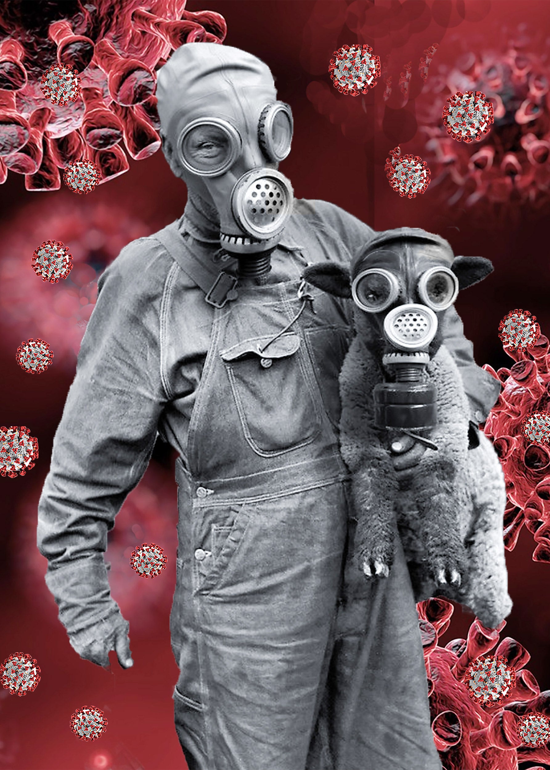 Person and animal with gas masks.