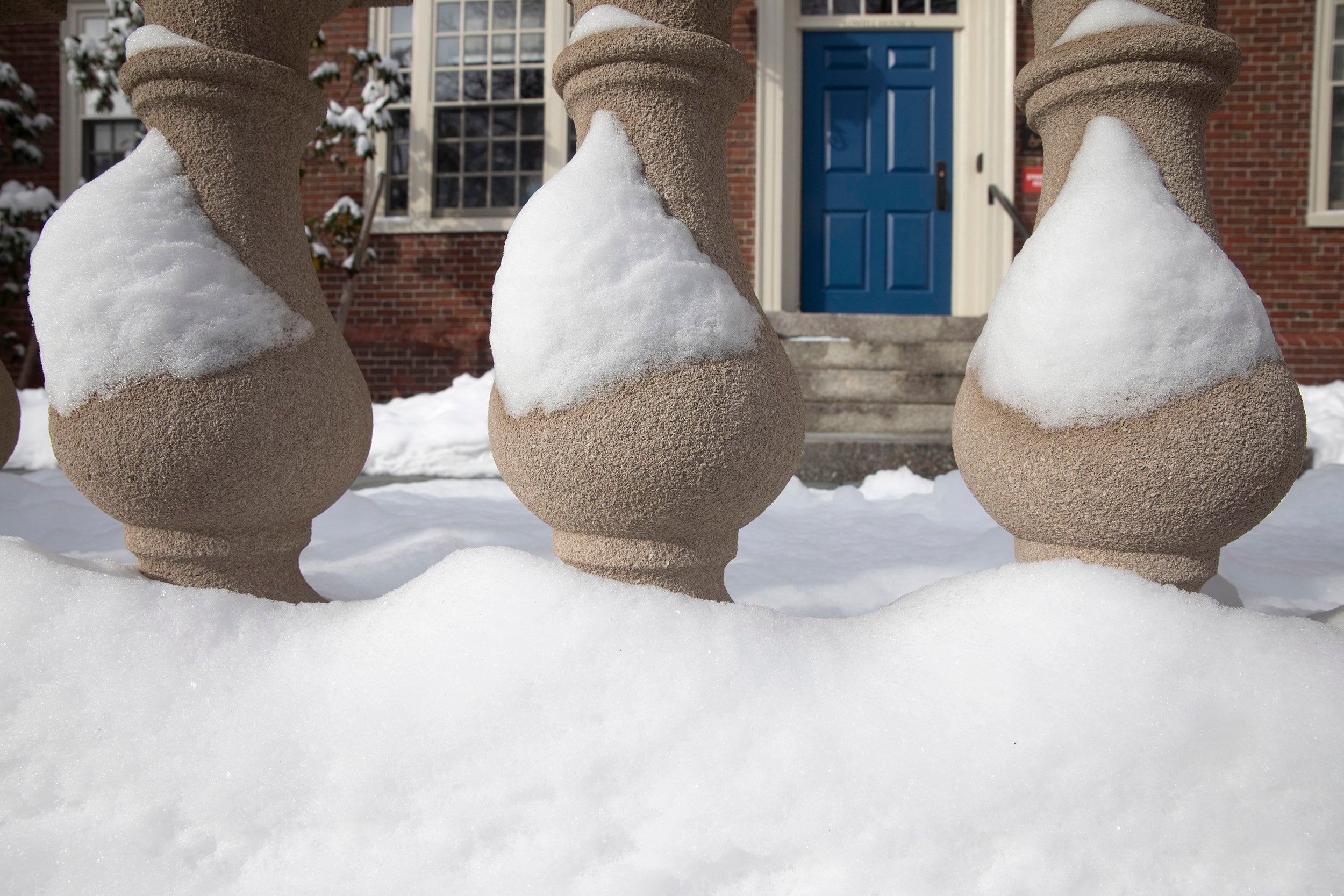 Lowell House columns remain frosted with snow after a storm.