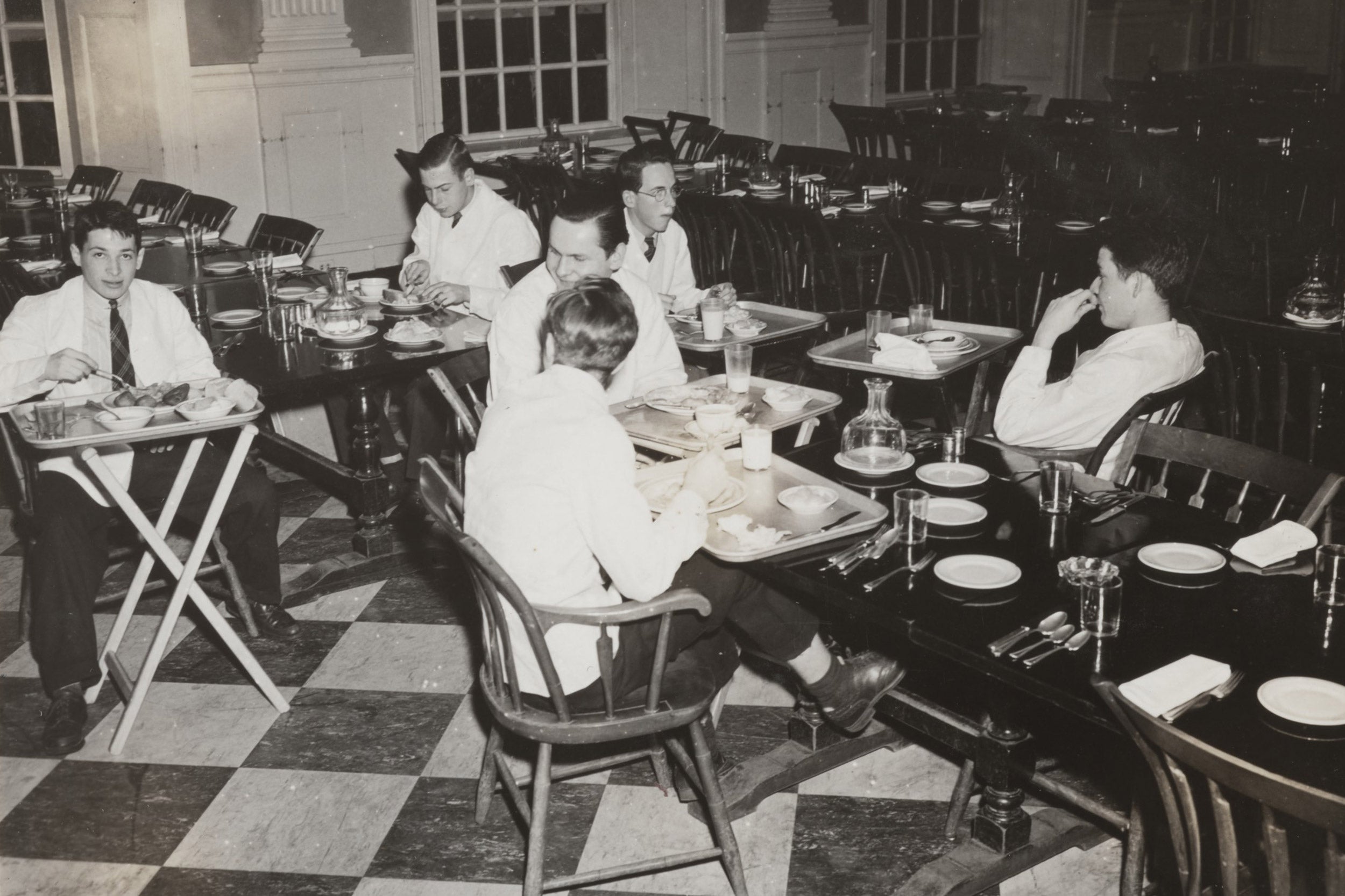 Student waiters in Lowell House dining room. 1943