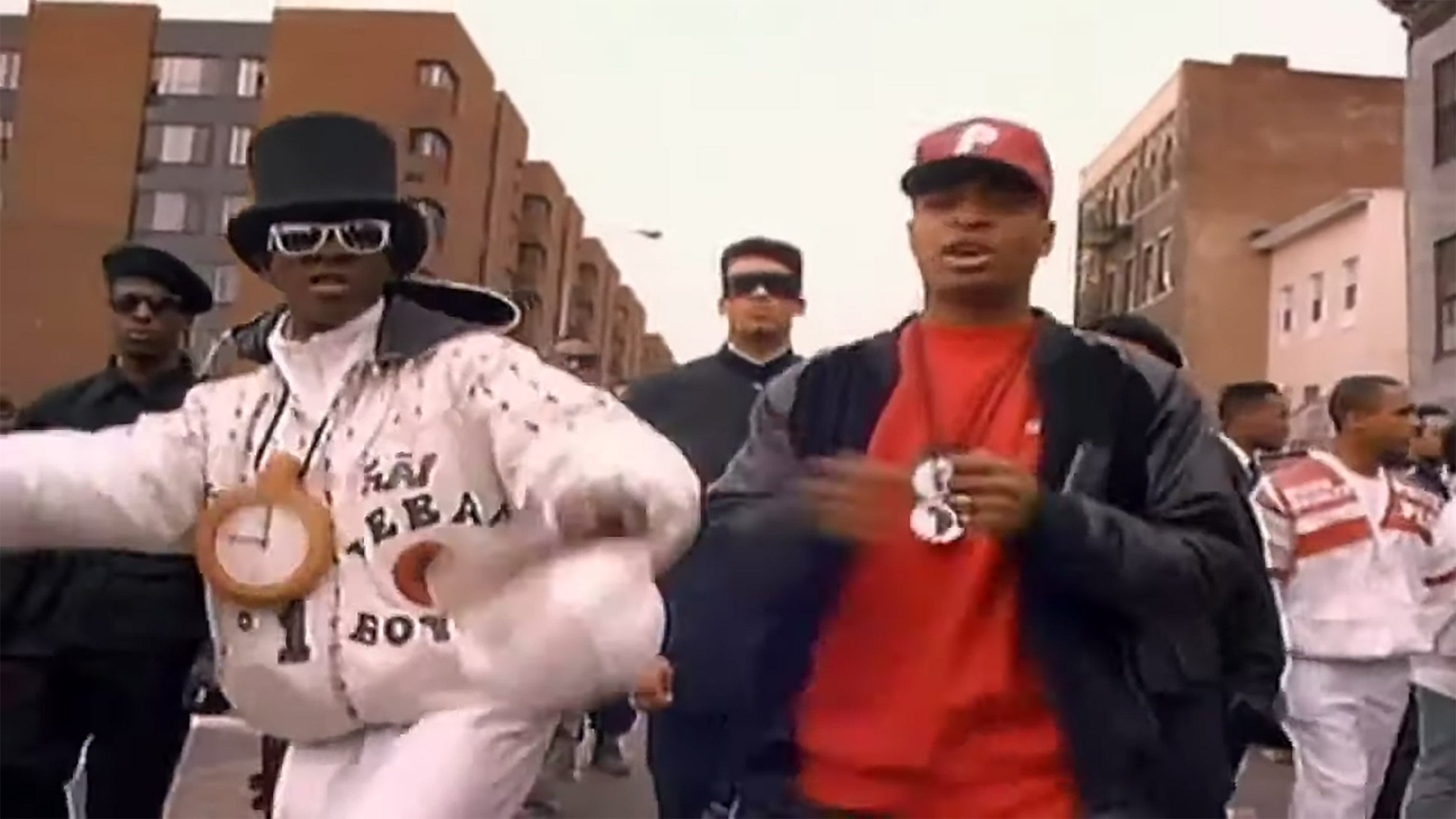 Chuck D and Flavor Flav march in Public Enemy's "Fight the Power" video.