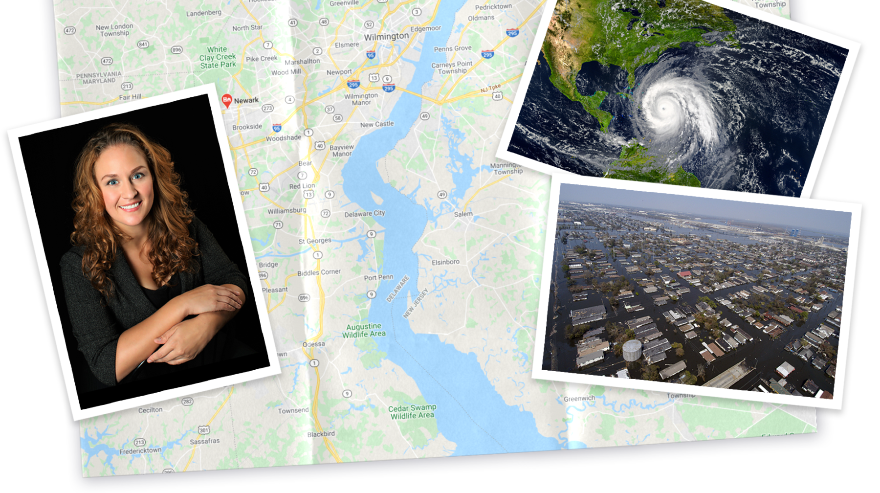 Collage of map of Delaware, satellite image of a hurricane, image of flooded houses, and image of A.R.Siders