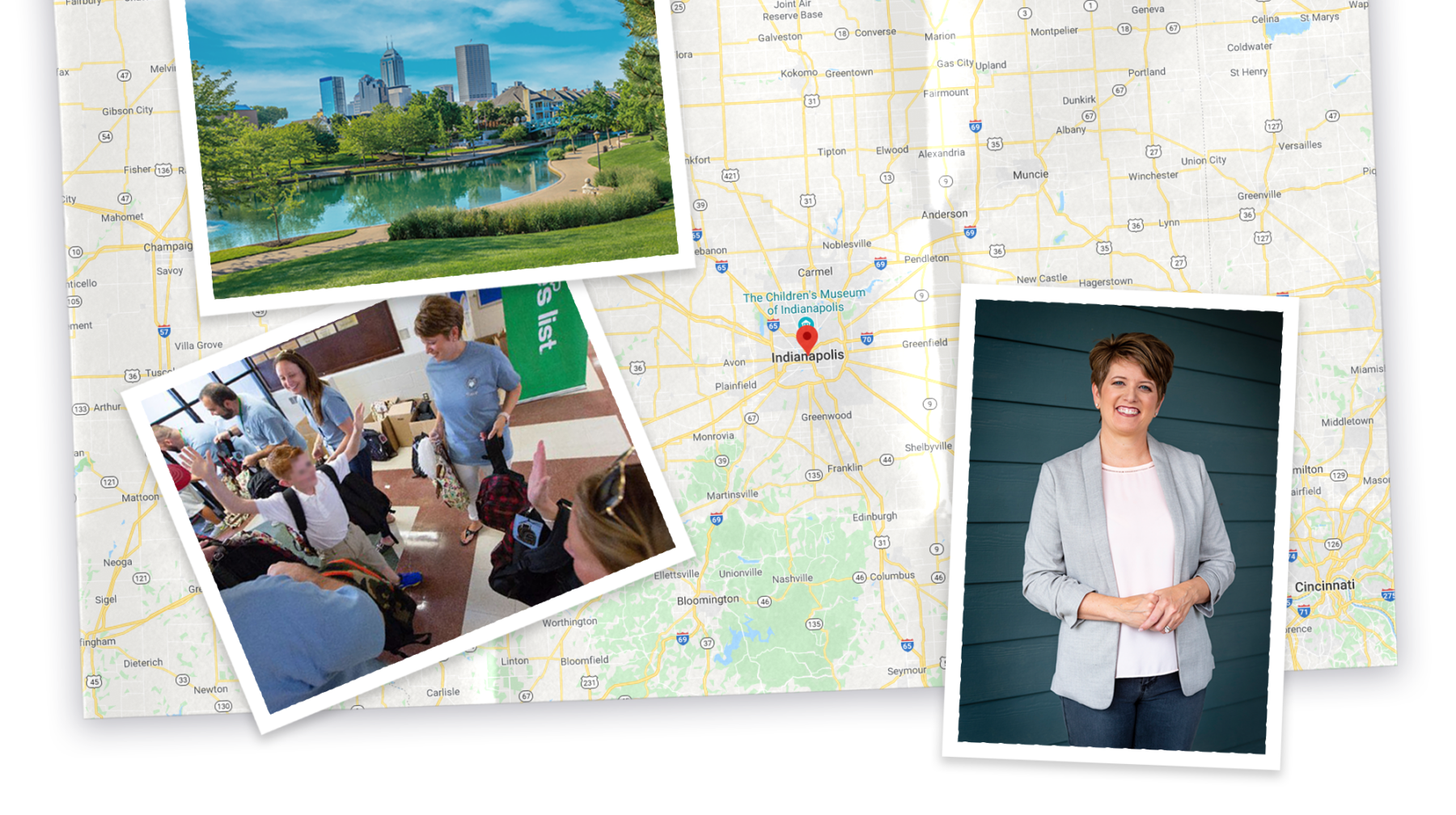 Collage of map and photo of Indiana, photo of Angie Hicks, and photo of children in a classroom