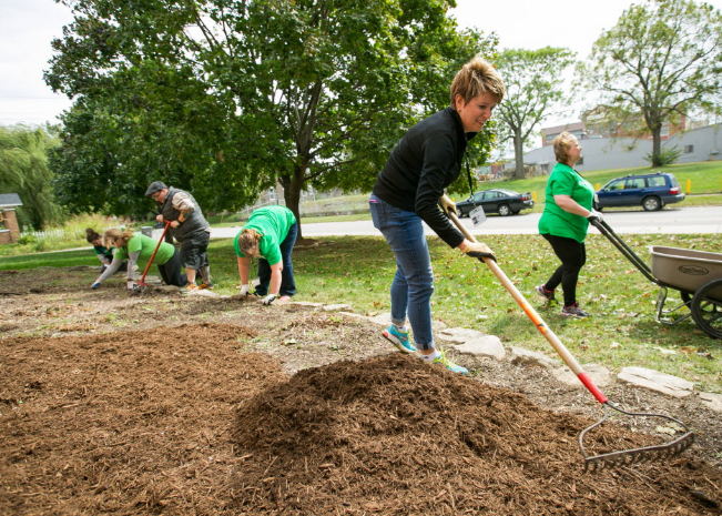 Angie Hicks and other volunteers mulching