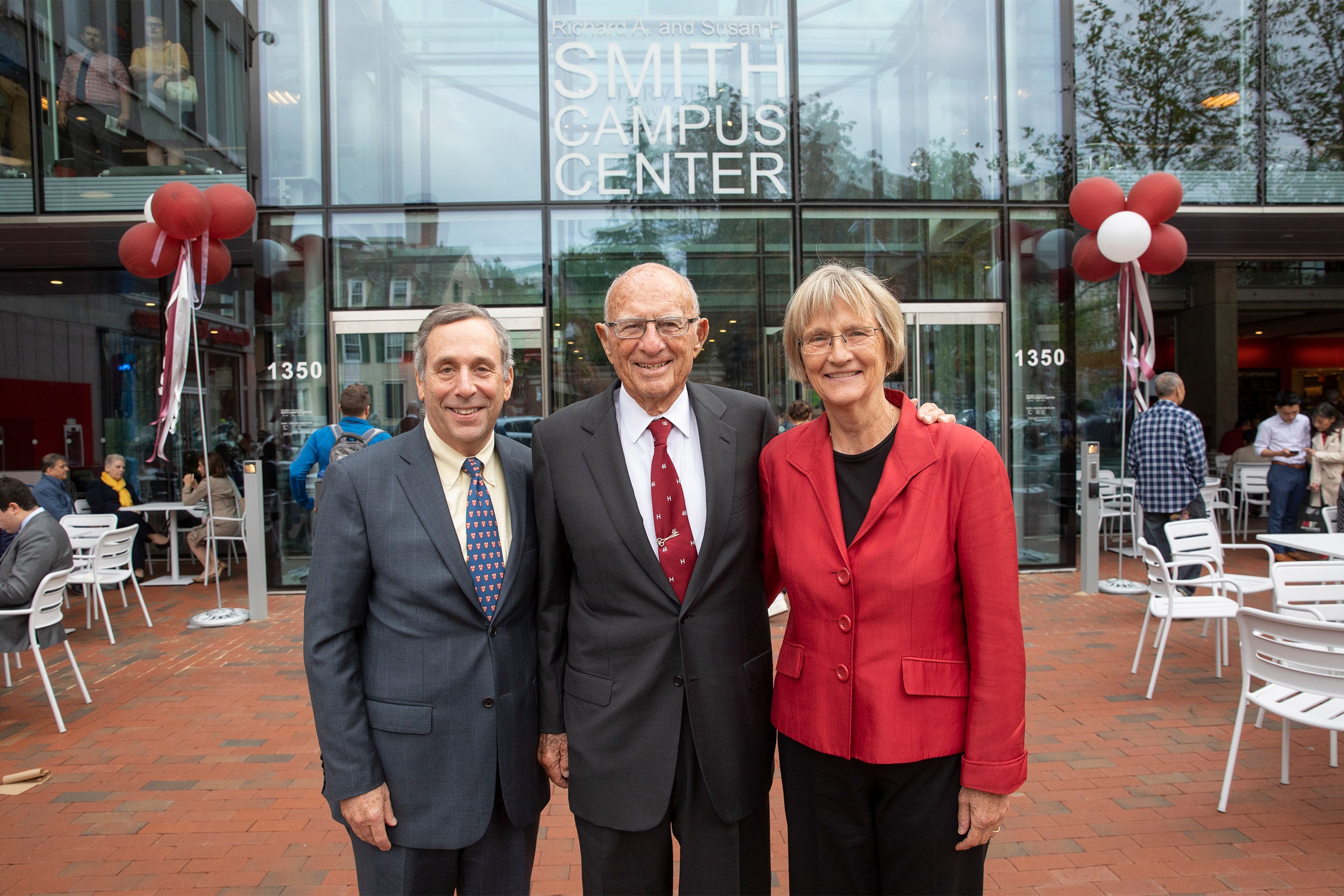 President Larry Bacow, donor Richard A. Smith, and President Emerita Drew Faust.