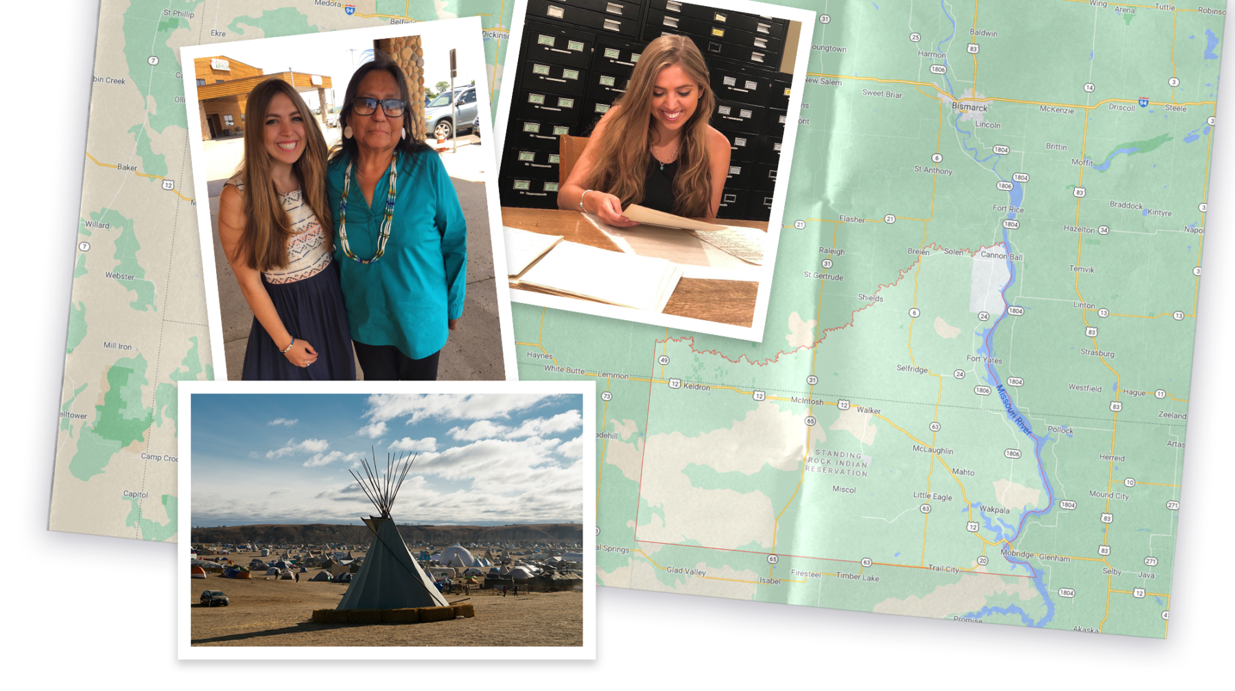 Collage of map and image of North Dakota and photos of Sarah Sadlier