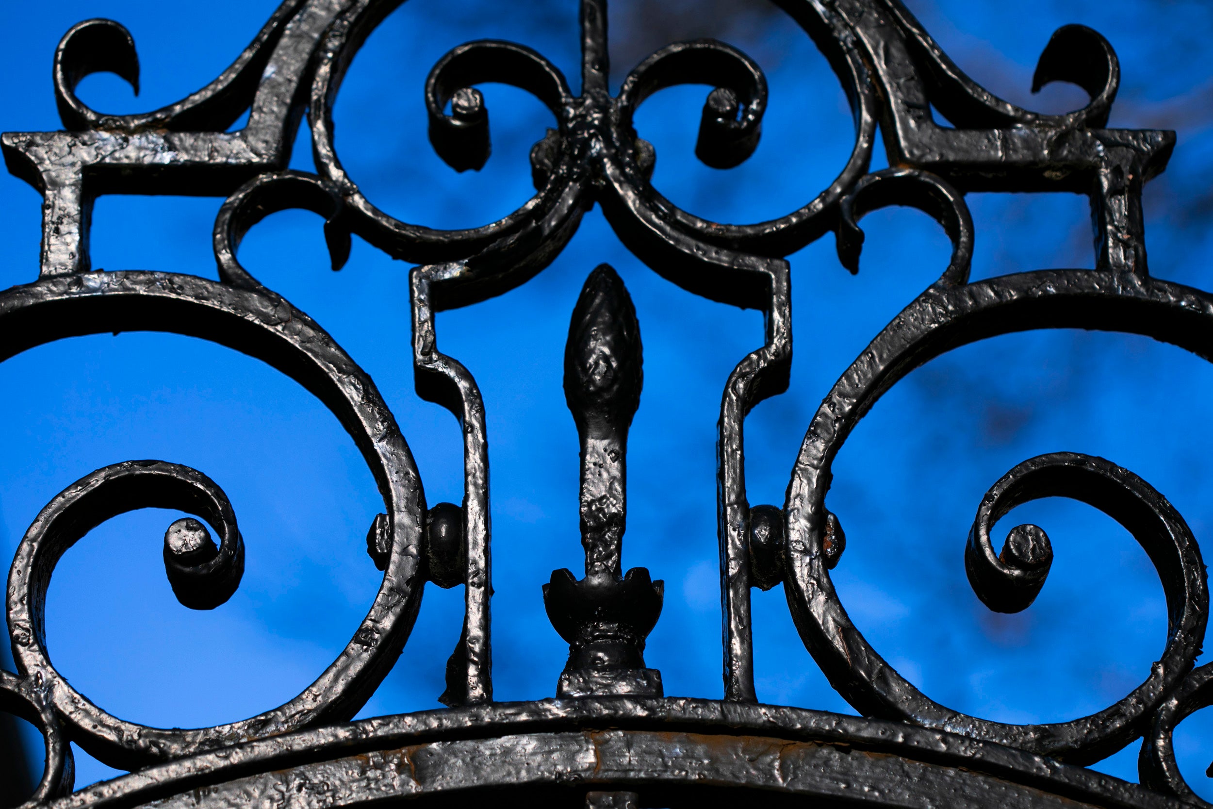 A detail of the elaborate gate is pictured at Kirkland House.