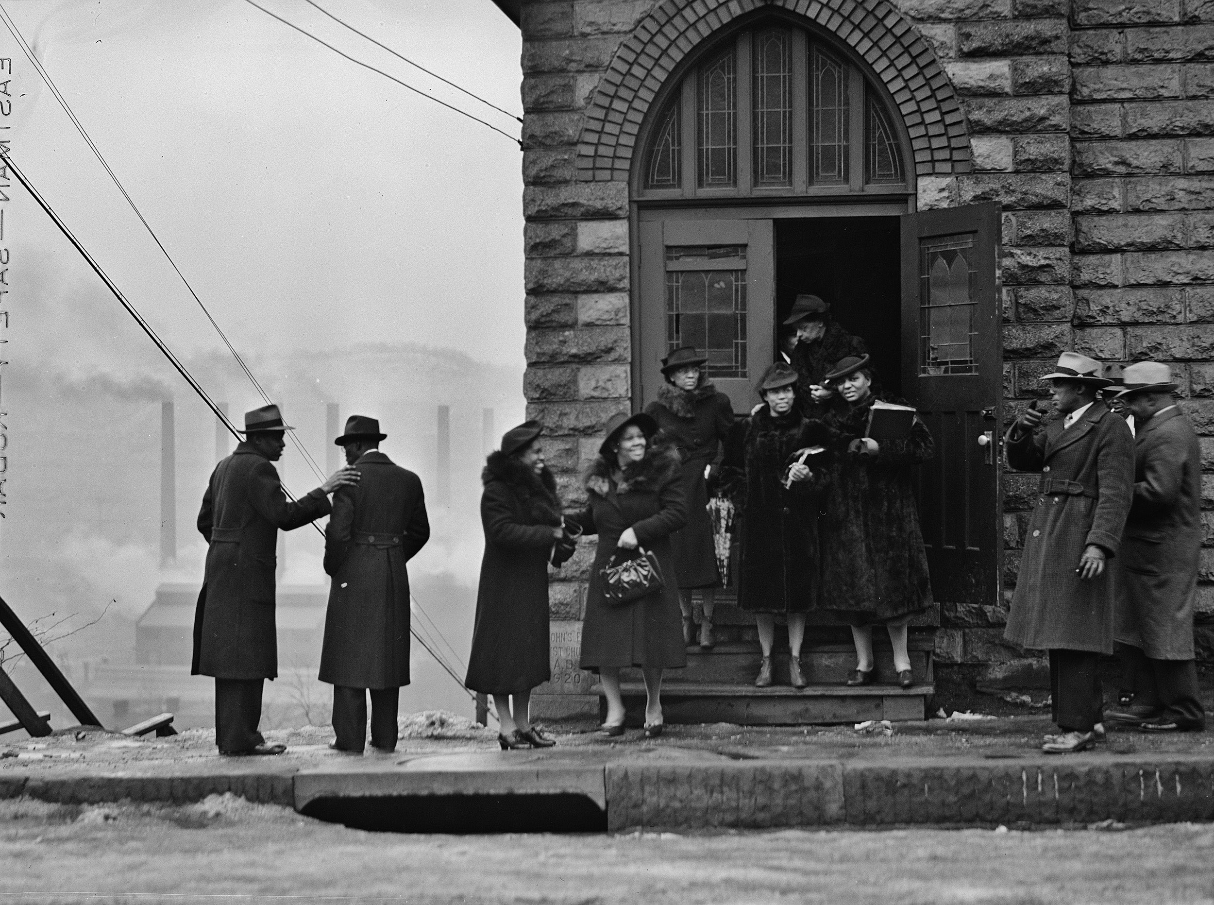 A congregation exiting a church in Pittsburgh.