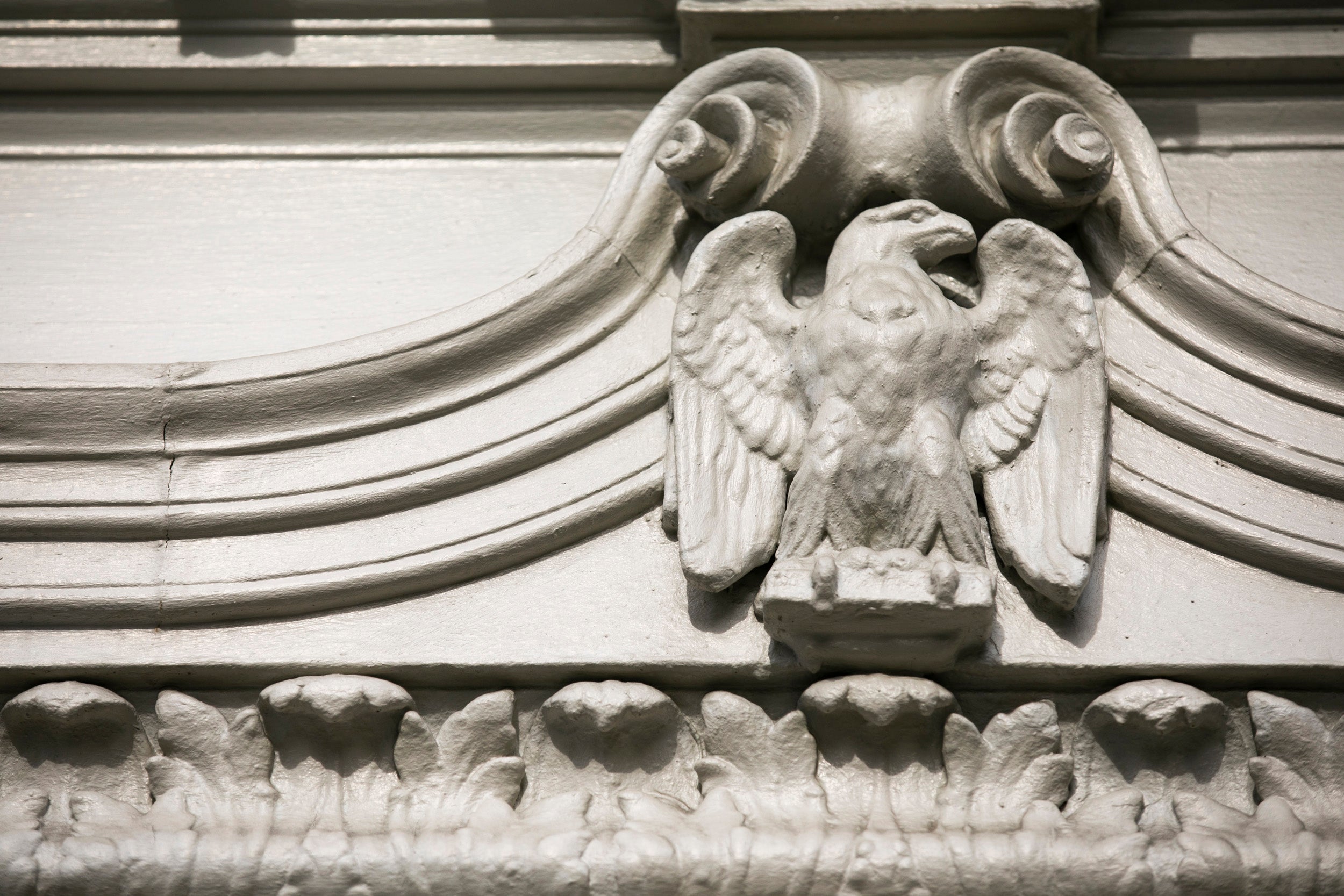 An eagle decorates the exterior of Leverett House.