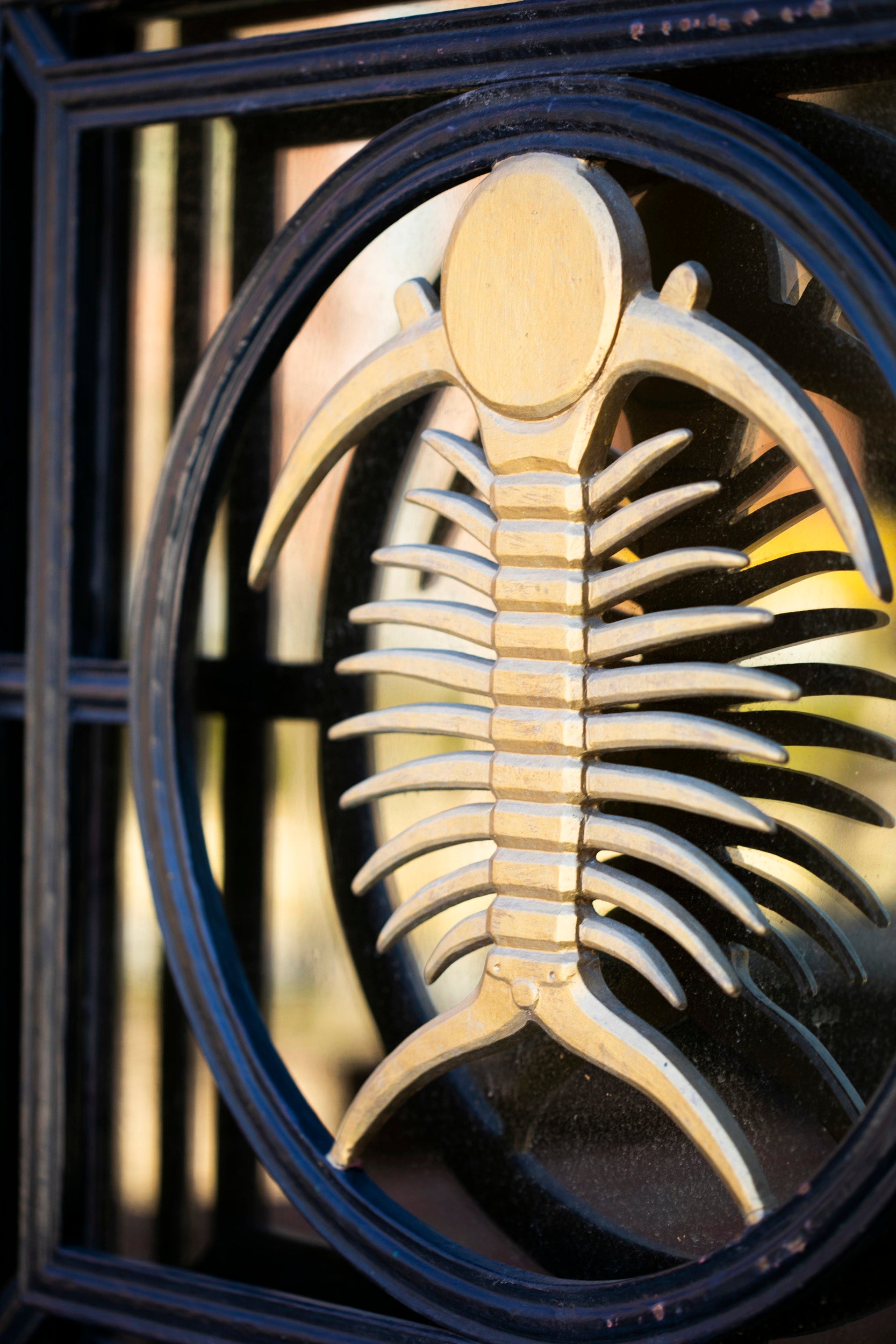 A golden trilobite decorates the door to the Bio Labs.