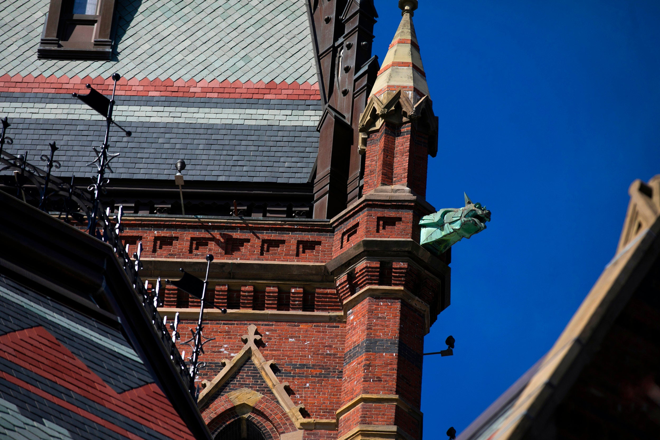 A gargoyle sheathed in copper decorates Memorial Hall’s Gothic Revival tower.