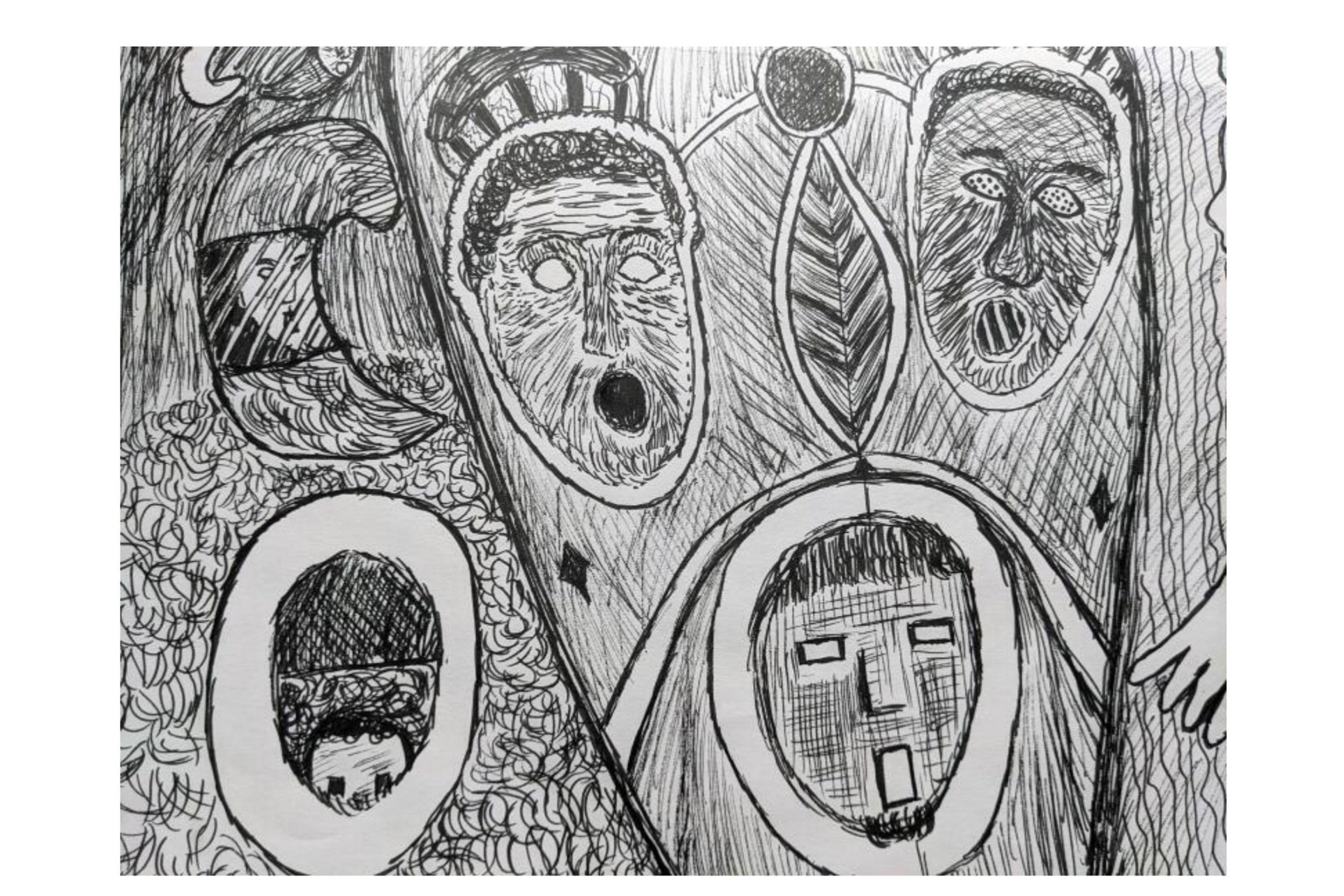 And Mari Megias’ ink drawing “Pandemic” is a collection of floating faces, their mouths agape.