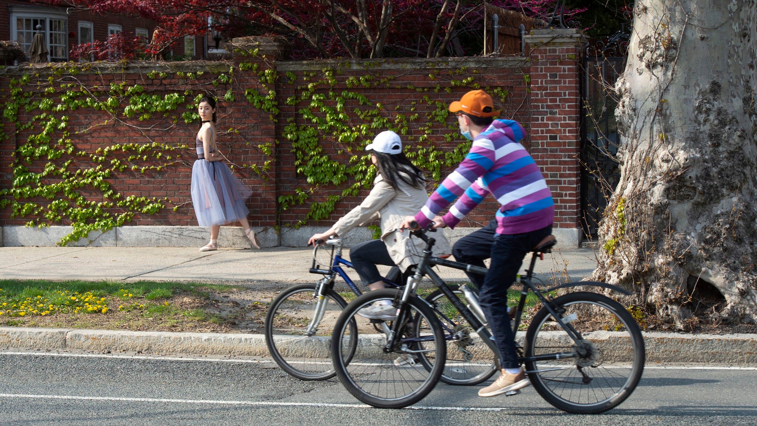 Two cyclists pass an M.I.T. student dancer posing for photos for a friend along Mem. Drive.