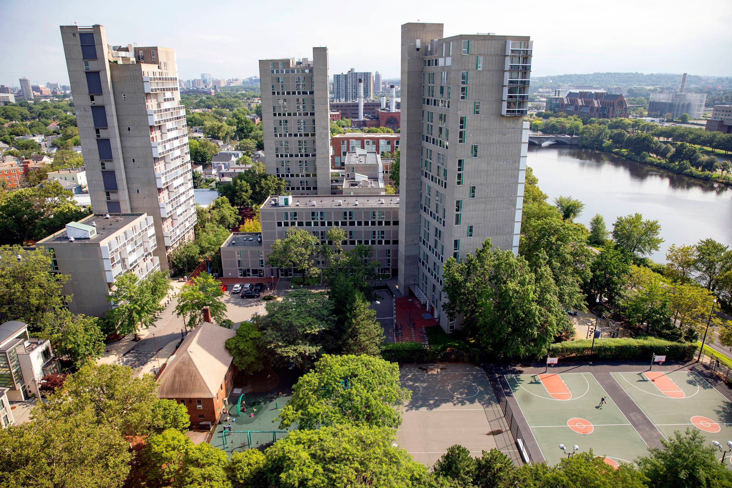An overview of Peabody Terrace and the Charles River.