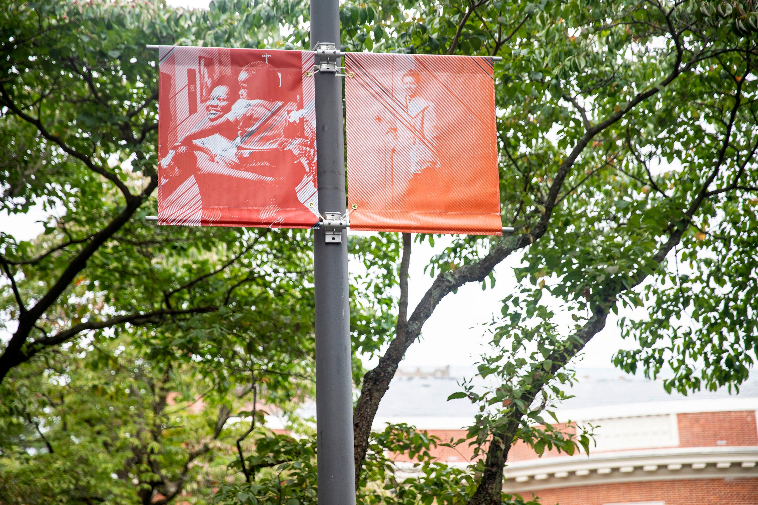 Visual artist Tomashi Jackson animates the Yard with vibrant banners that depict Civil Rights activists Ruth Batson and Pauli Murray.