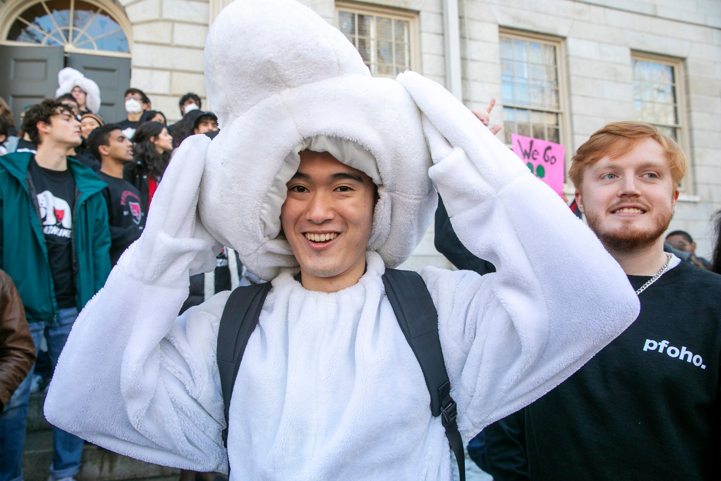 Todd Qiu ’22 flashes a Pforzheimer smile for the camera while dressed as the House polar bear mascot.