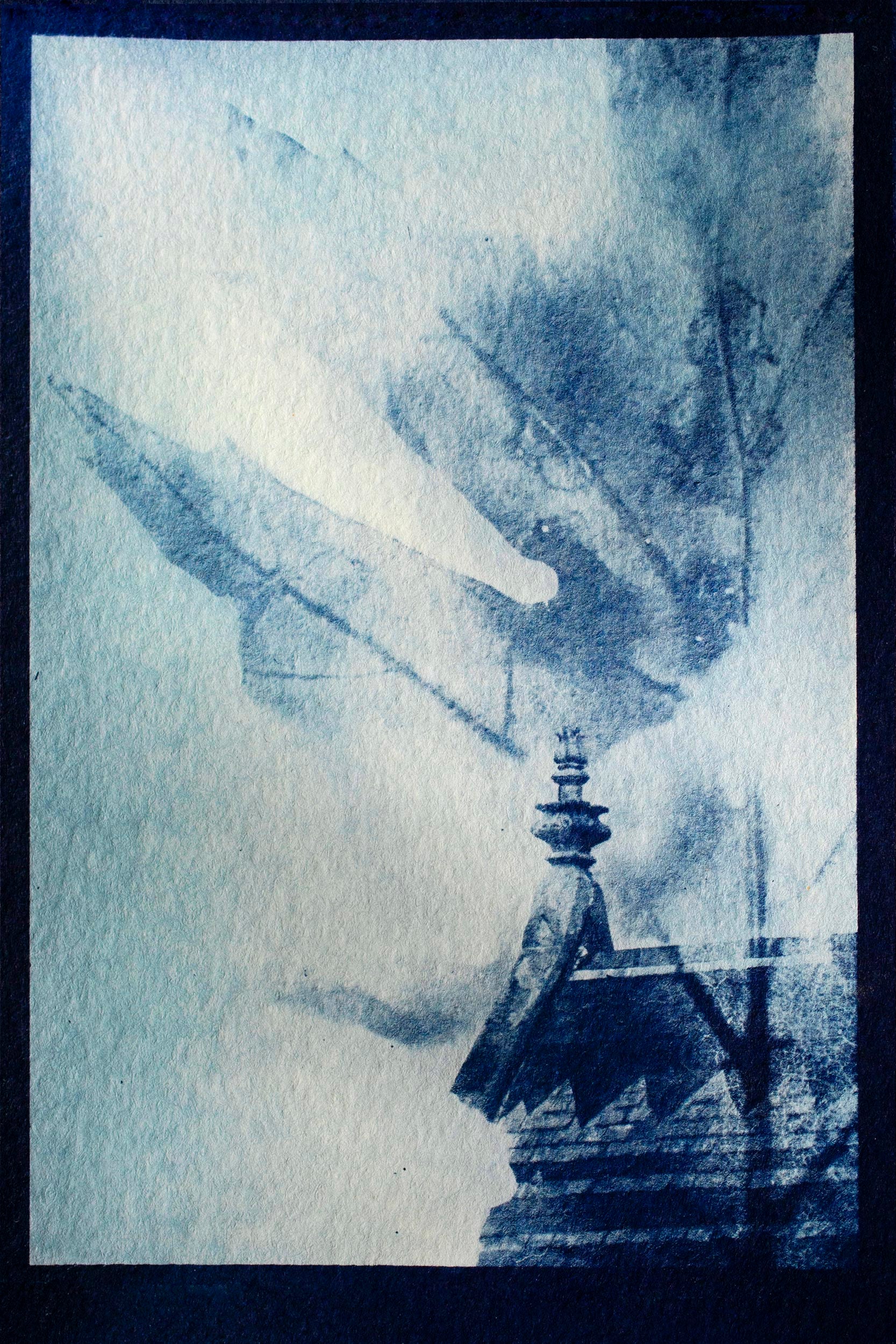 A cyanotype composites a leaf from Harvard Yard