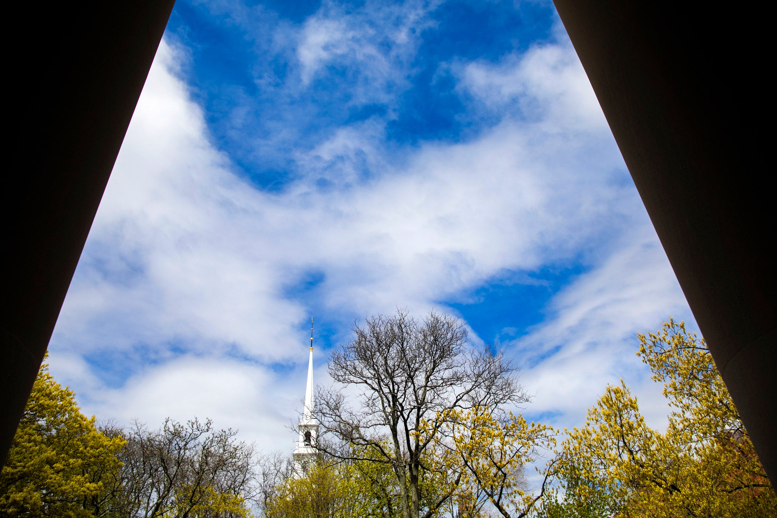 The columns of Widener Library frame the skies above Memorial Church.